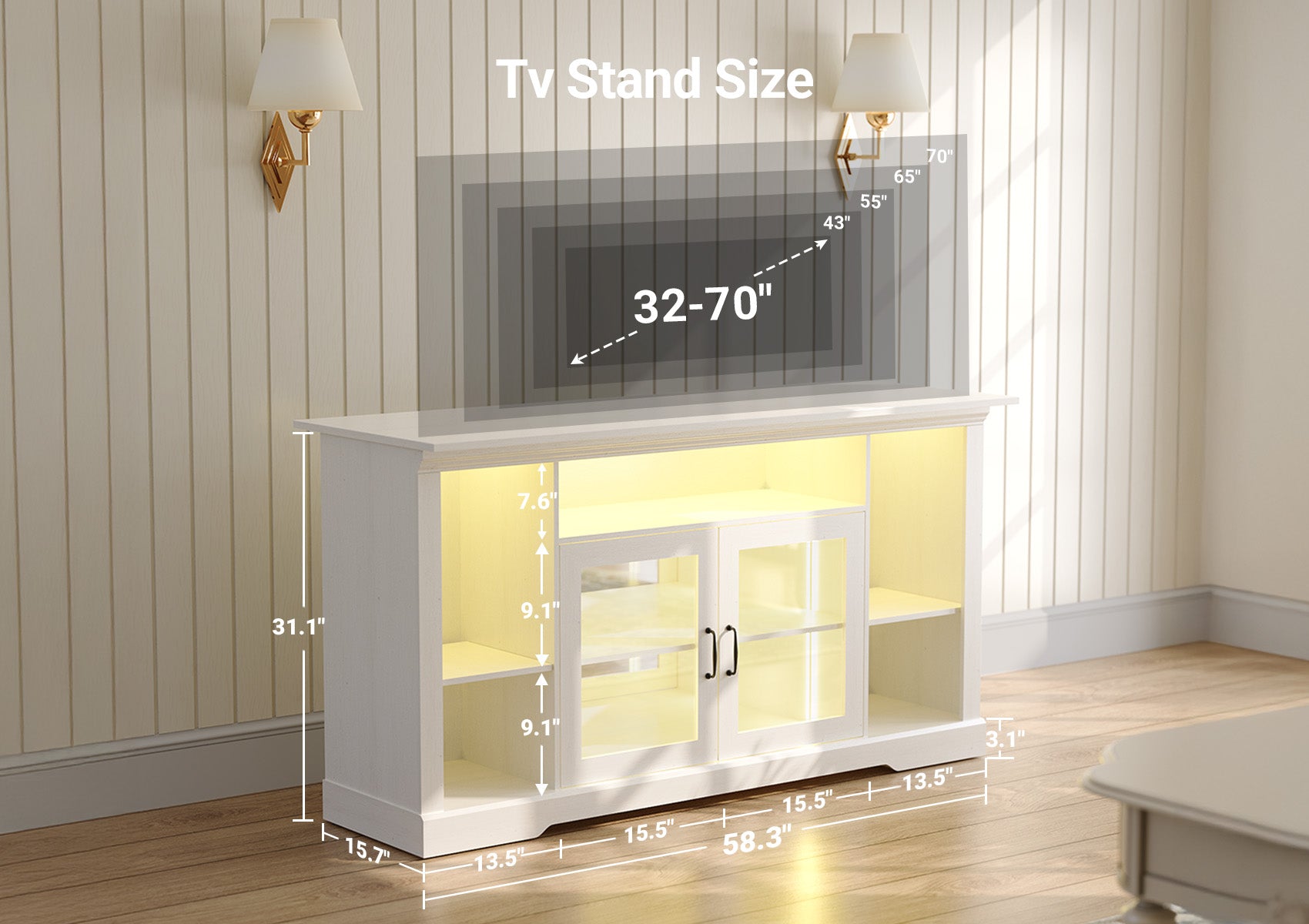 Blcak Modern TV Stand with LED Lights for 65 Inch TV, Vintage Tall TV Cabinets with Storage and Adjustable Shelves, Retor Entertainment Center with Glass Doors for Living Room and Bedroom