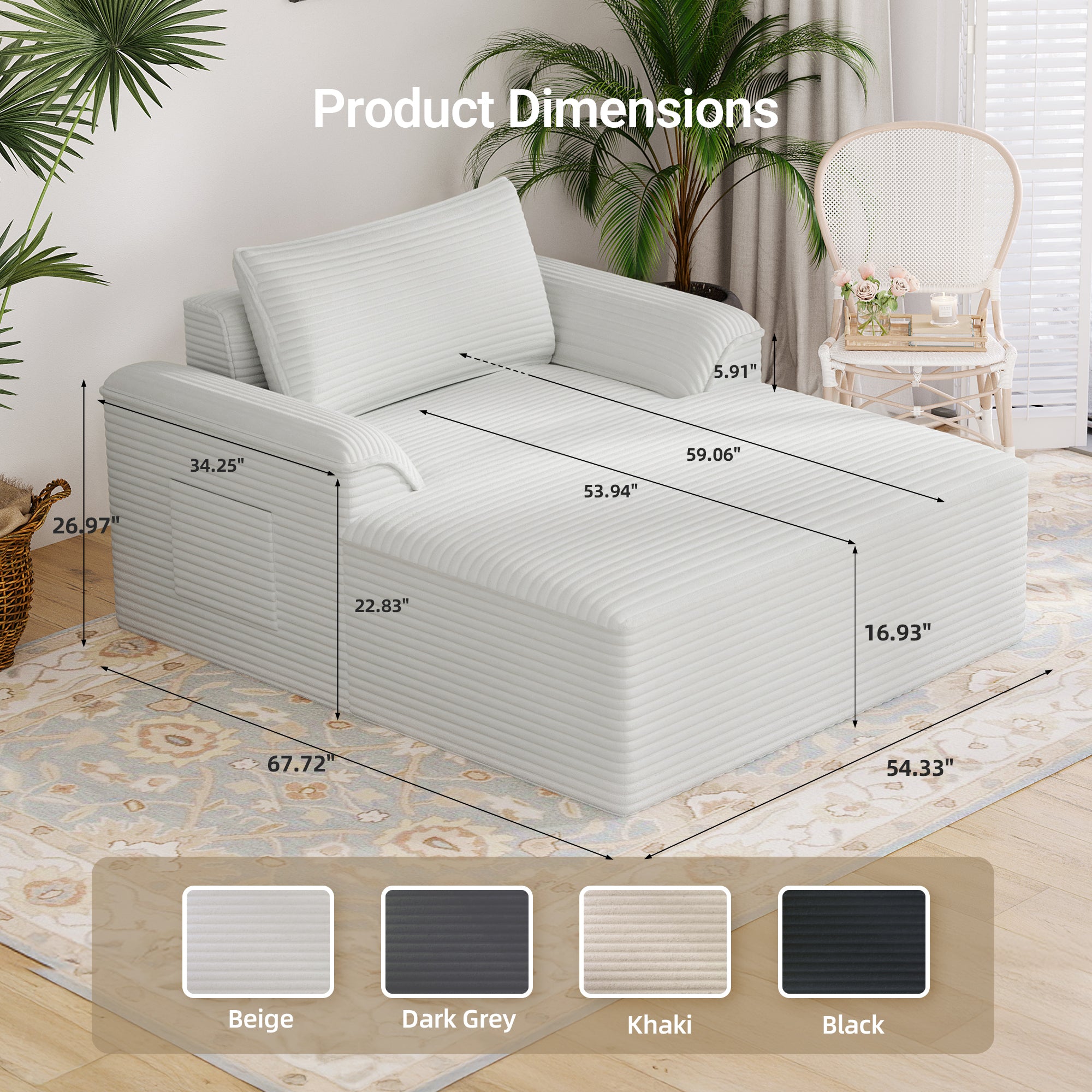 Claiks 68" Oversized Chaise Lounge Chair Indoor, Corduroy Upholstered Boneless Sofa Bed, Deep Seat Sleeper Couch with Pillows and Armrest, Cloud Sofas Reading Chair for Living Room, Beige