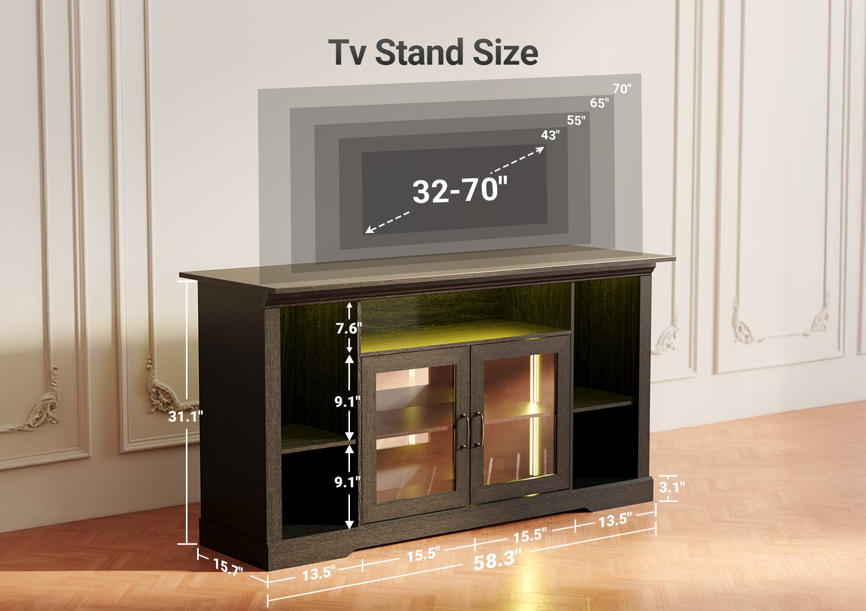 Blcak Modern TV Stand with LED Lights for 65 Inch TV, Vintage Tall TV Cabinets with Storage and Adjustable Shelves, Retor Entertainment Center with Glass Doors for Living Room and Bedroom