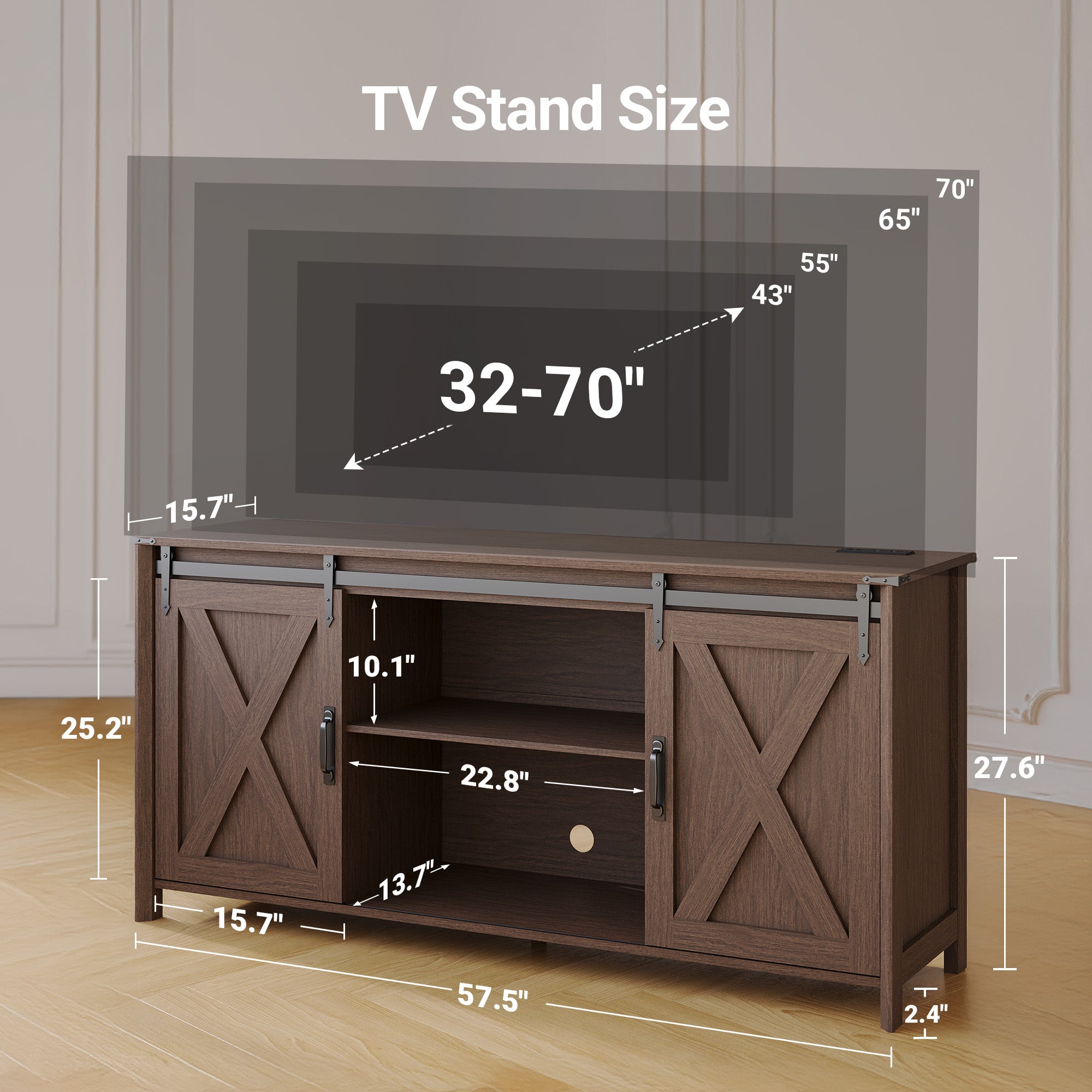 Claiks Farmhouse TV Stand for TV up to 70 inch, Modern Entertainment Center with Sliding Barn Doors and Storage Cabinets, Rustic Media TV Console Table with Adjustable Shelve for Living Room, Brown