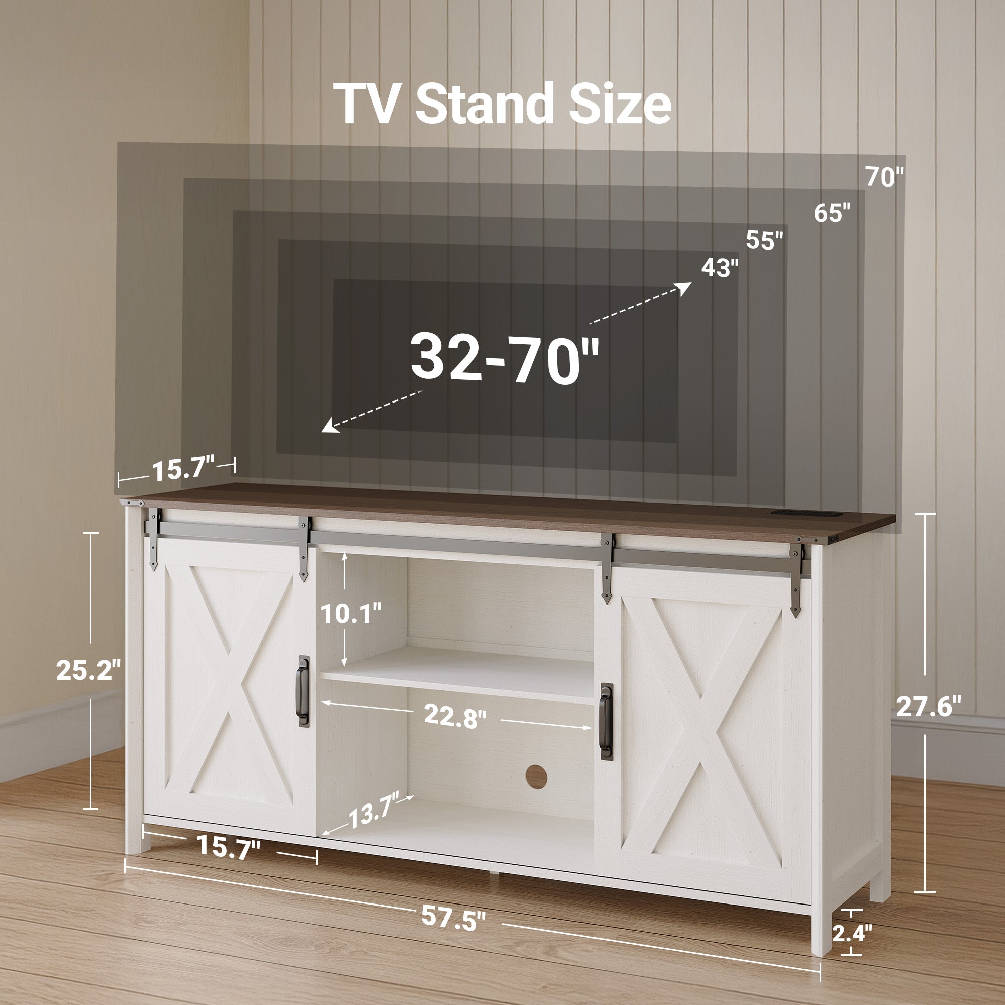 Claiks Farmhouse TV Stand for TV up to 70 inch, Modern Entertainment Center with Sliding Barn Doors and Storage Cabinets, Rustic Media TV Console Table with Adjustable Shelve for Living Room, Brown