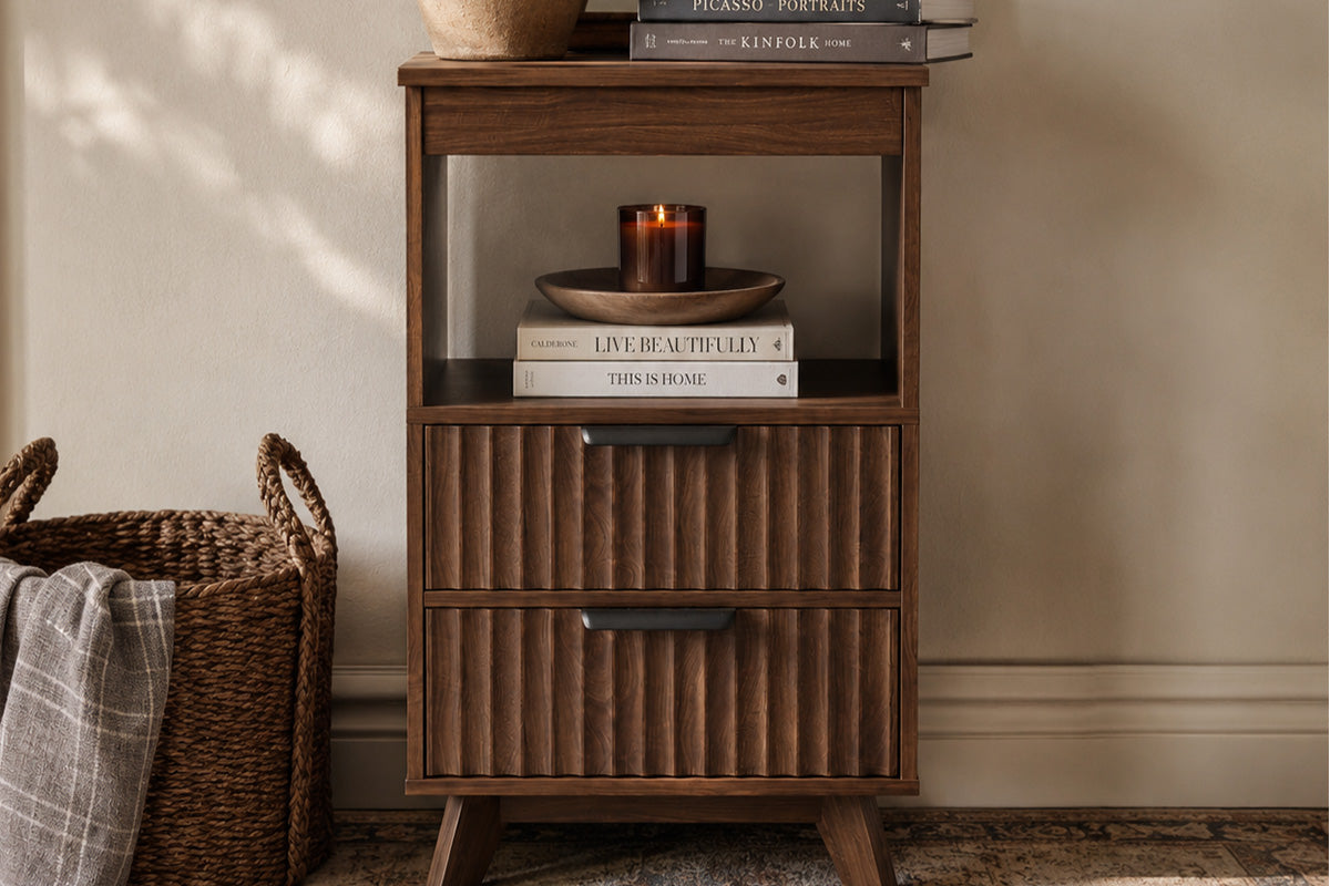 Claiks Avelia Fluted Wood Nightstand with Built-in Charging Station