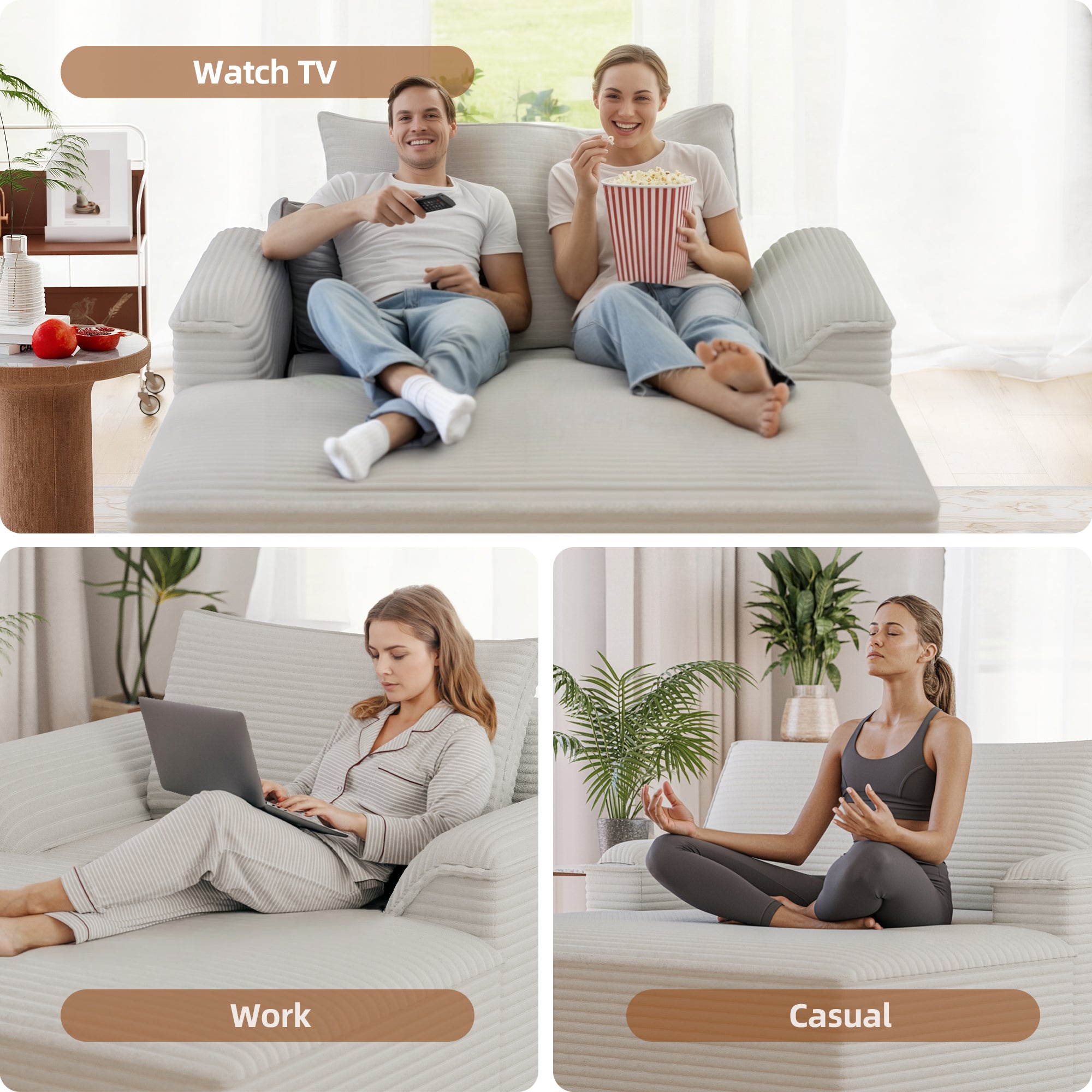 Claiks 68" Oversized Chaise Lounge Chair Indoor, Corduroy Upholstered Boneless Sofa Bed, Deep Seat Sleeper Couch with Pillows and Armrest, Cloud Sofas Reading Chair for Living Room, Beige