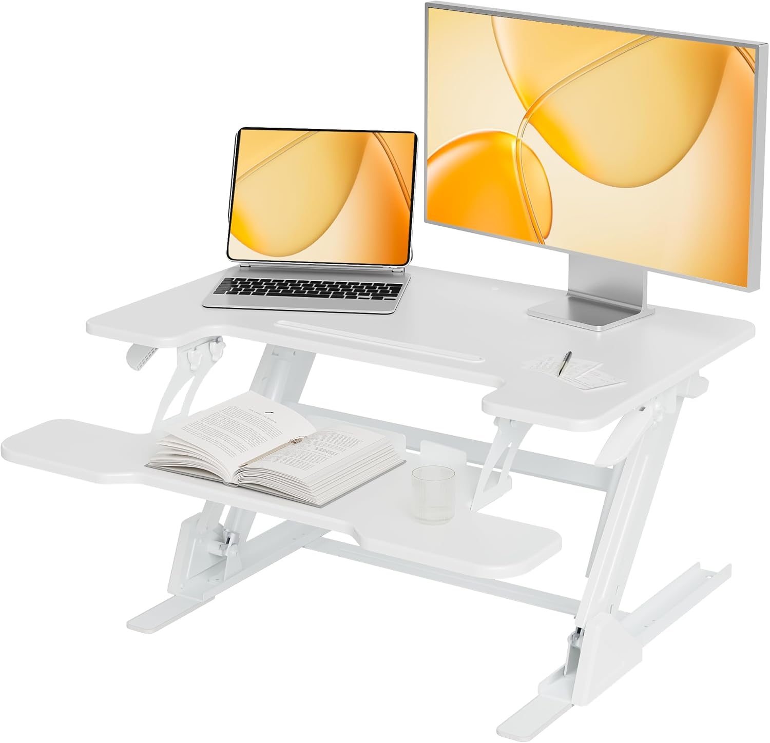 Height Adjustable Sit Stand Up Desk Riser, Quick Sit to Stand Tabletop Dual Monitor Riser Workstation for Home Office with Keyboard Tray, White