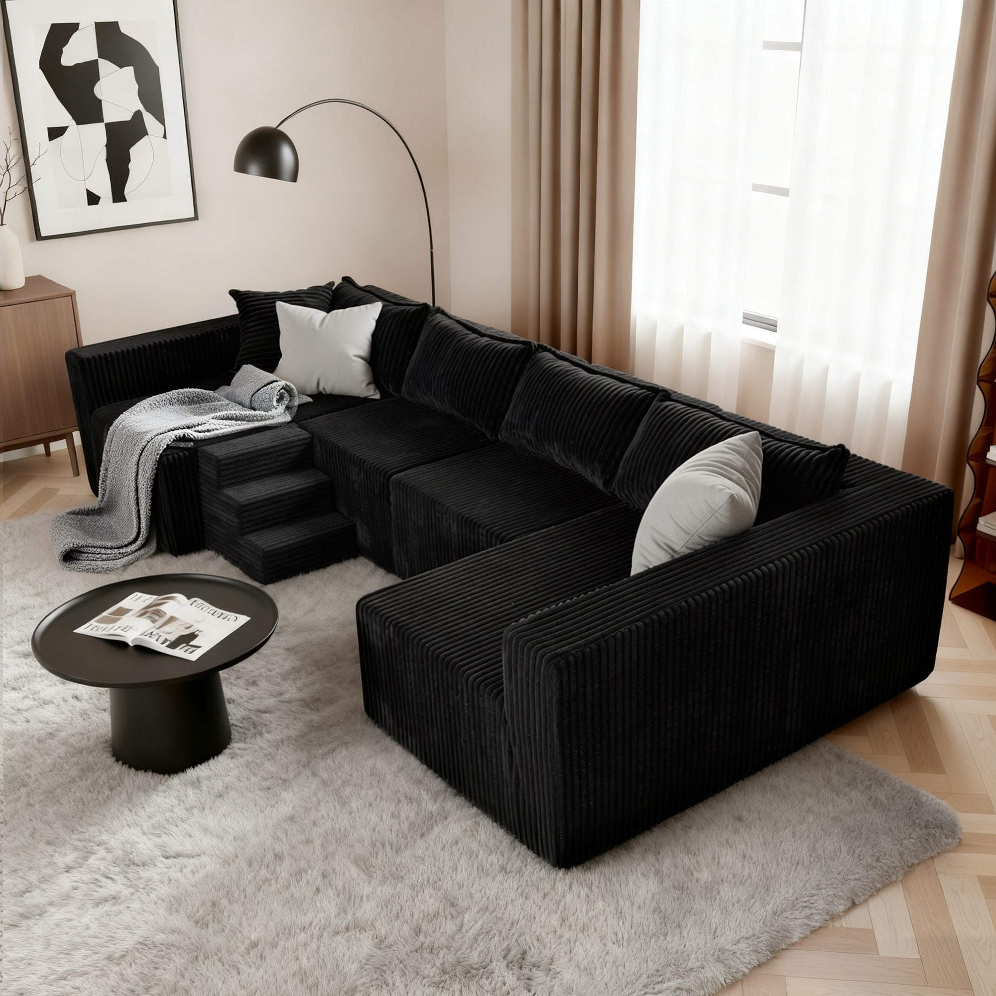 Claiks 128" Modular Sectional Sofa, Modern U-Shaped Cloud Couch with Double Chaise, Boneless Couch with 6 Pillows, Deep Seat Sofa for Living Room Bedroom, No Assembly Required, Black