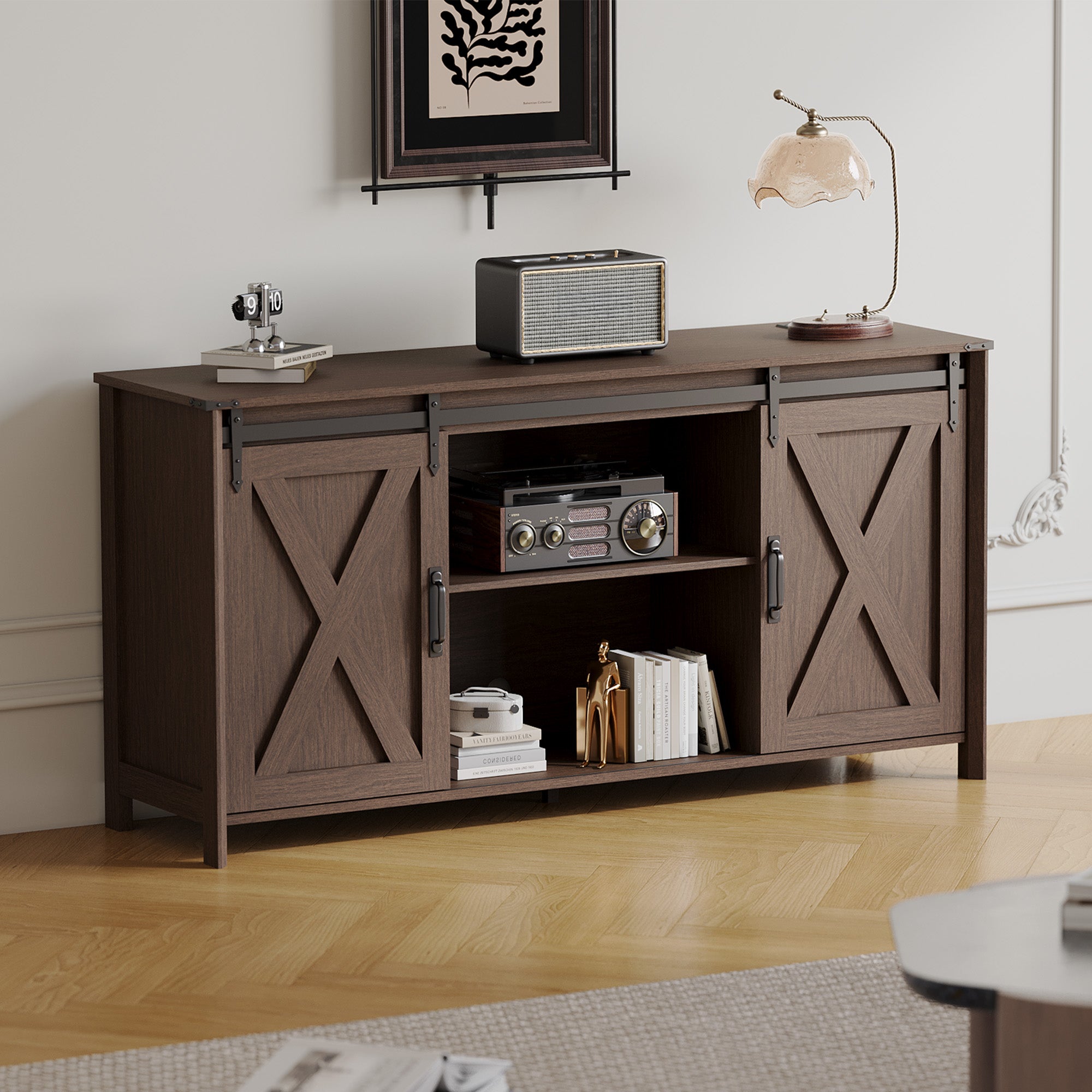 Claiks Farmhouse TV Stand for TV up to 70 inch, Modern Entertainment Center with Sliding Barn Doors and Storage Cabinets, Rustic Media TV Console Table with Adjustable Shelve for Living Room, Brown