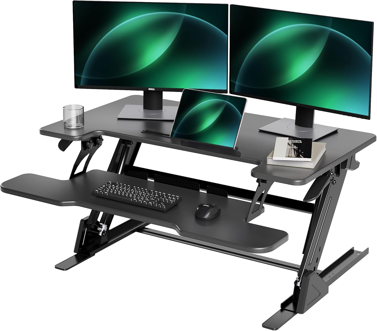 Height Adjustable Sit Stand Up Desk Riser, Quick Sit to Stand Tabletop Dual Monitor Riser Workstation for Home Office with Keyboard Tray, Black
