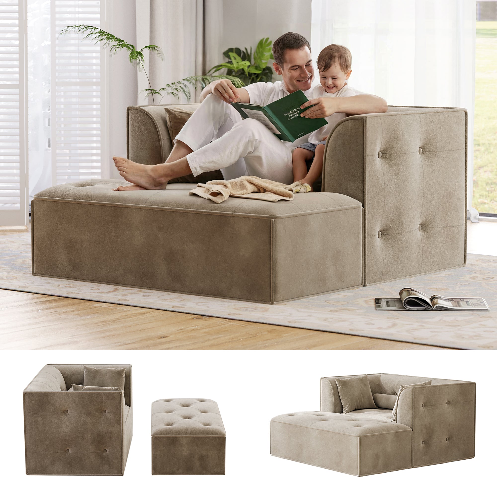 Claiks 68" Oversized Chaise Lounge Chair Indoor, Corduroy Upholstered Boneless Sofa Bed, Deep Seat Sleeper Couch with Pillows and Armrest, Cloud Sofas Reading Chair for Living Room, Beige