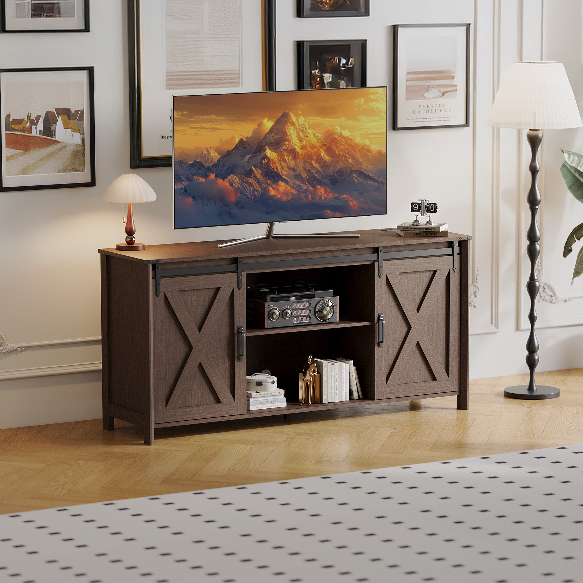 Claiks Farmhouse TV Stand for TV up to 70 inch, Modern Entertainment Center with Sliding Barn Doors and Storage Cabinets, Rustic Media TV Console Table with Adjustable Shelve for Living Room, Brown