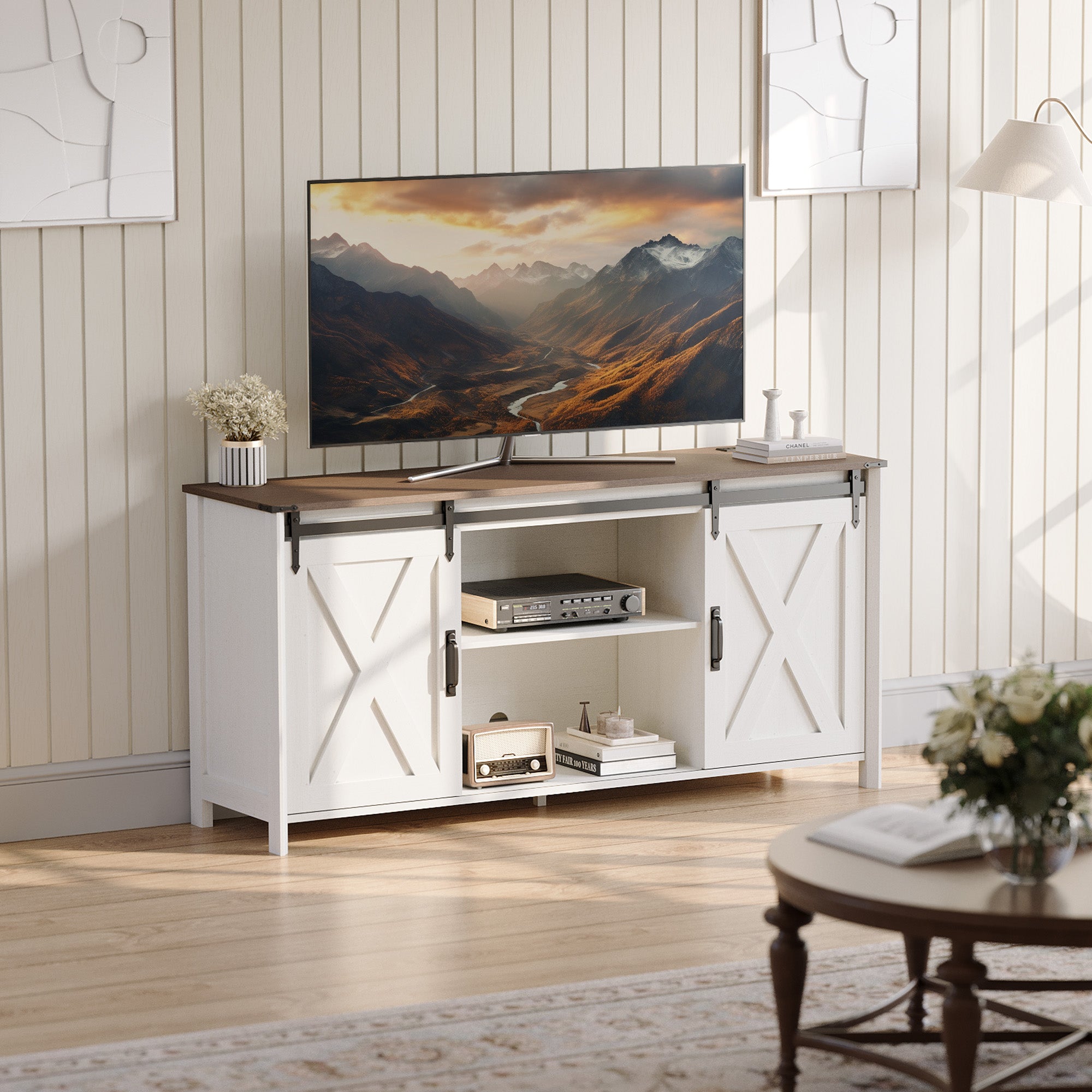 Claiks Farmhouse TV Stand for TV up to 70 inch, Modern Entertainment Center with Sliding Barn Doors and Storage Cabinets, Rustic Media TV Console Table with Adjustable Shelve for Living Room, Brown
