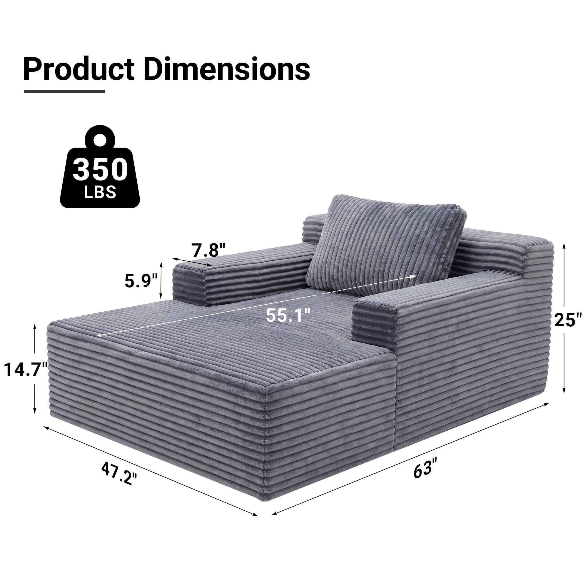 Claiks 63" Chaise Lounge Chair, Cloud Boneless Sofa, Beige | Oversized corduroy deep seat sleeper chair. reading chair. No assembly. Ideal for living room, bedroom, or apartment