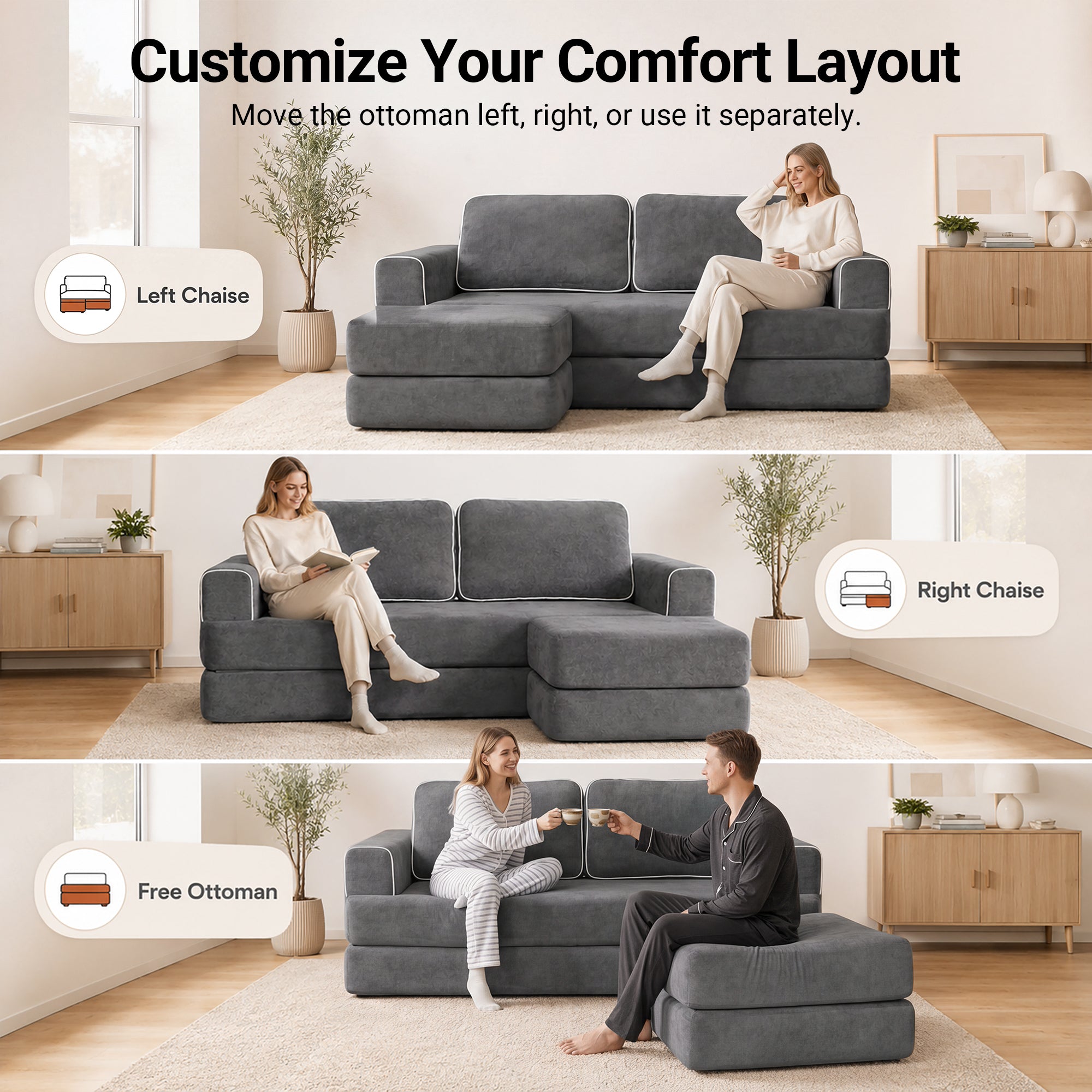 Claiks Futon Sofa Bed, Boneless L-Shaped Floor Couch with Ottoman, Darkgrey | Sleeper Sofa Bed with Movable Ottoman and 2 Pillows, Sectional Love Seat Couches for Living Room, No Assembly