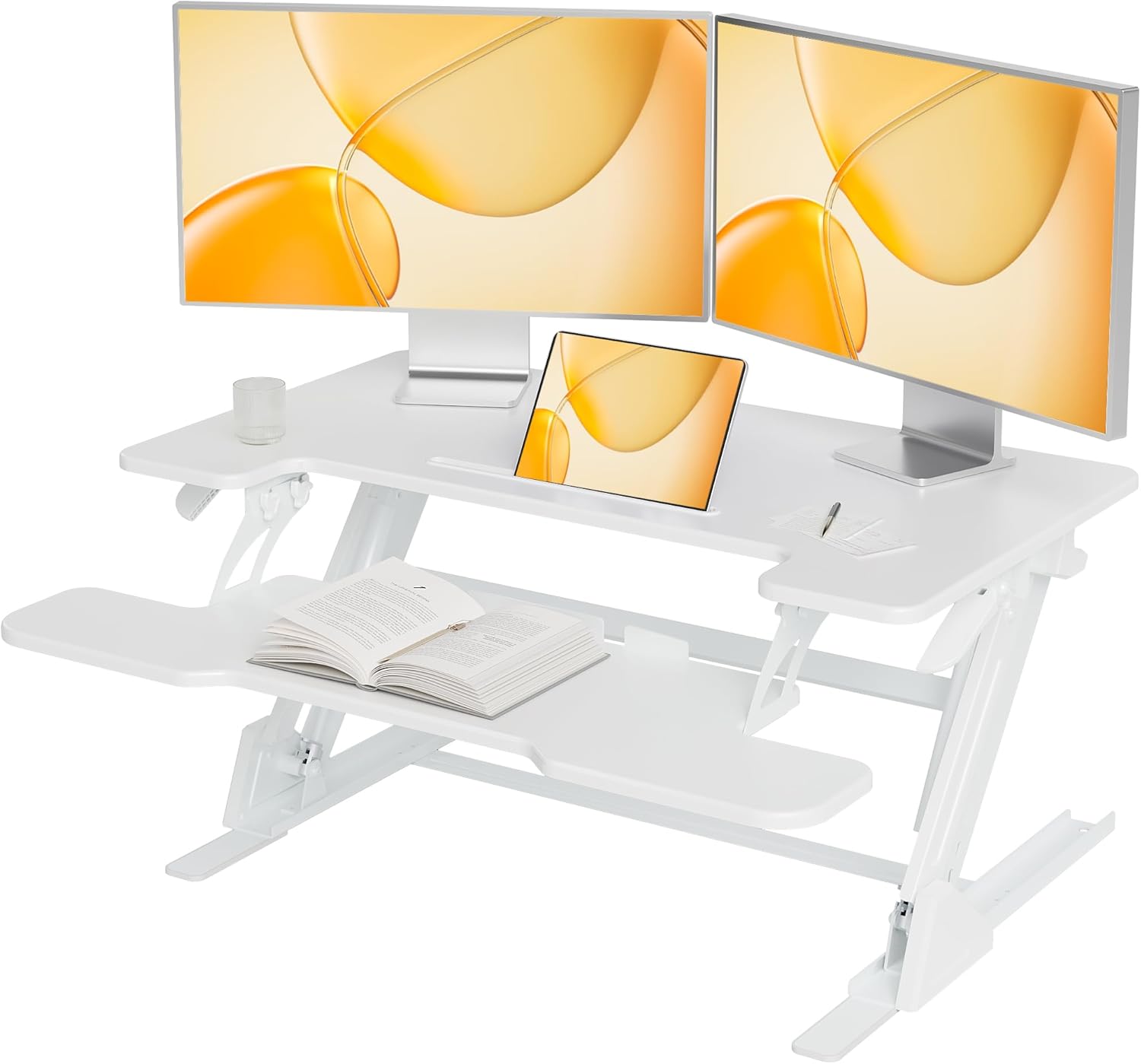 Height Adjustable Sit Stand Up Desk Riser, Quick Sit to Stand Tabletop Dual Monitor Riser Workstation for Home Office with Keyboard Tray, White