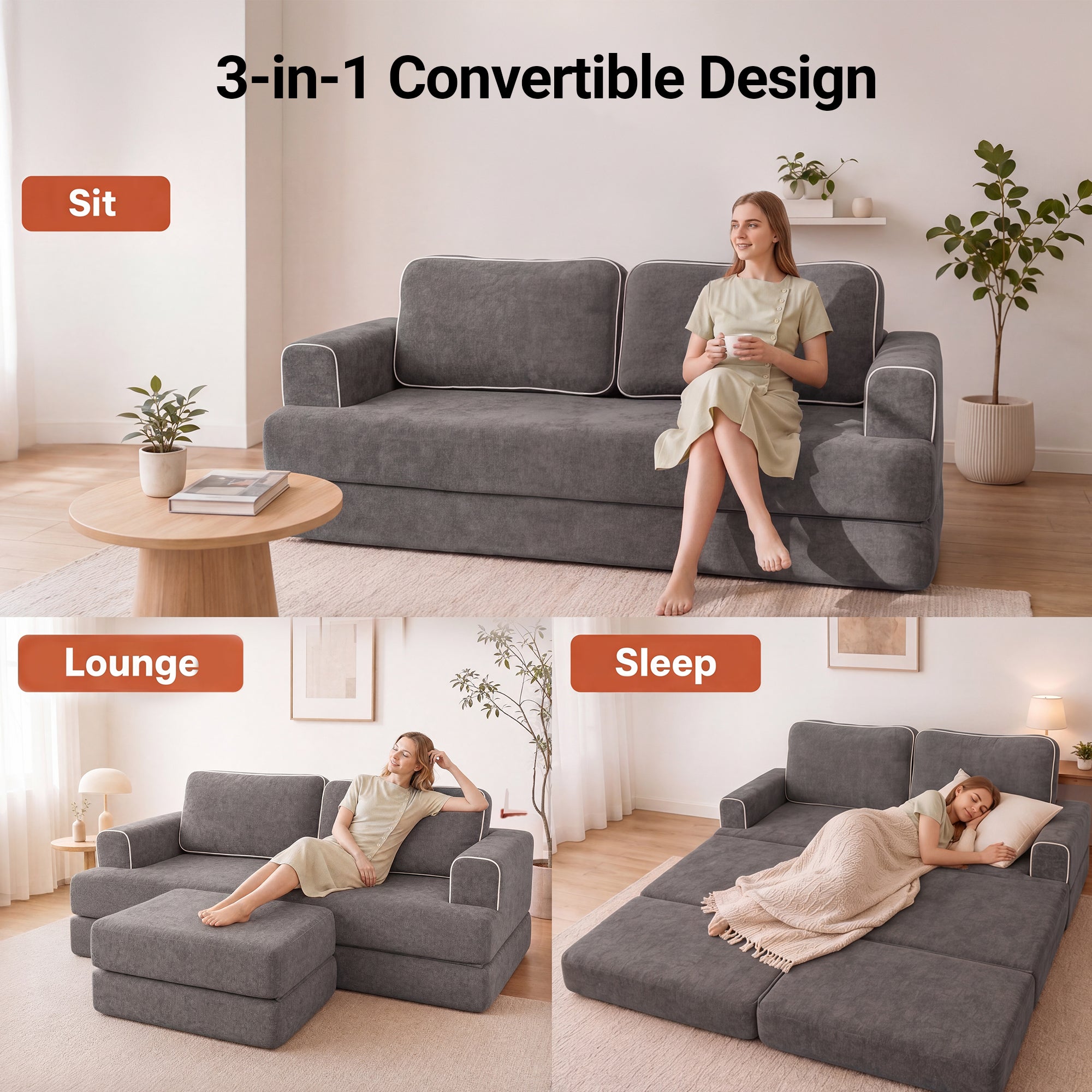 Claiks Futon Sofa Bed, Boneless L-Shaped Floor Couch with Ottoman, Darkgrey | Sleeper Sofa Bed with Movable Ottoman and 2 Pillows, Sectional Love Seat Couches for Living Room, No Assembly
