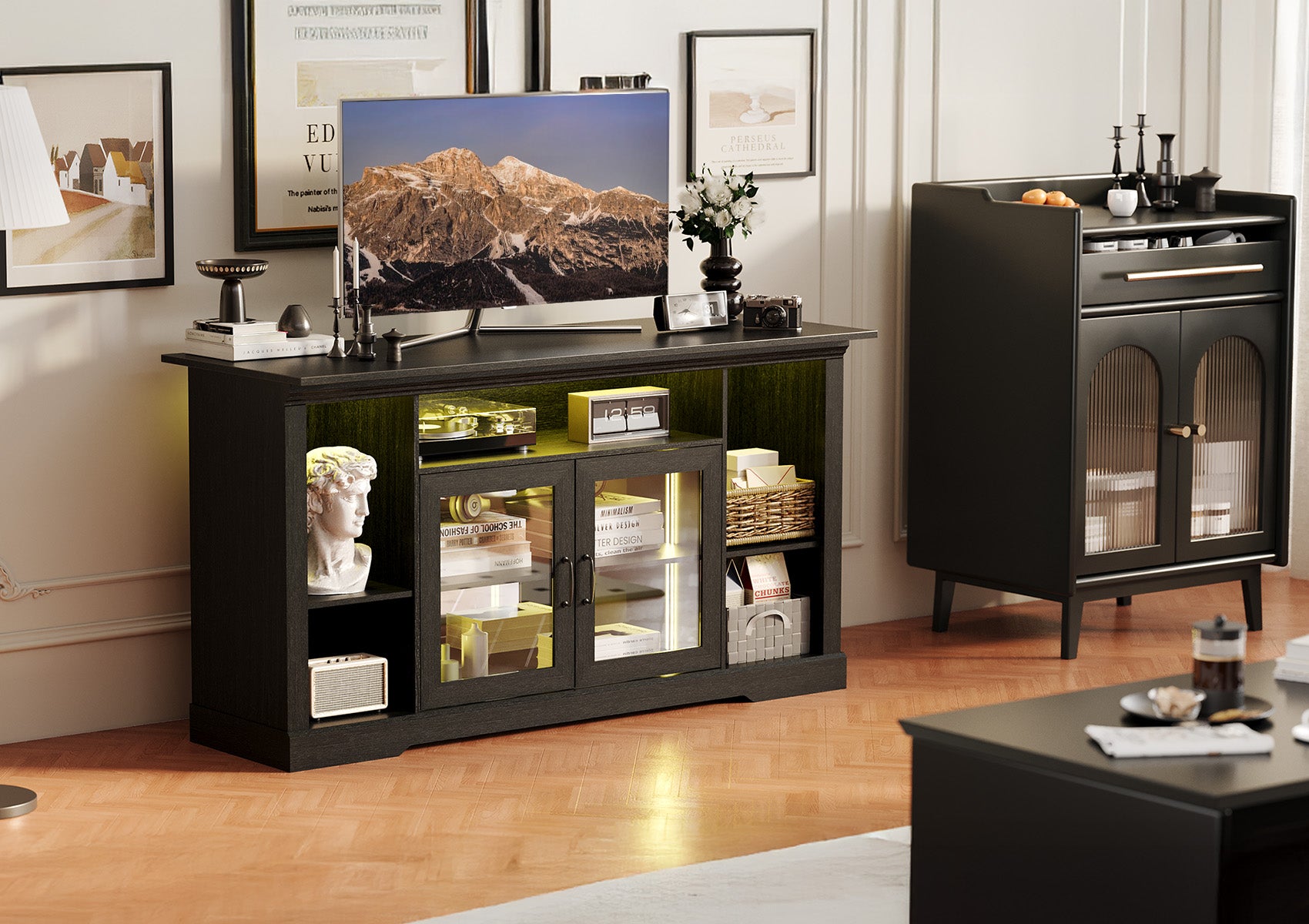 Blcak Modern TV Stand with LED Lights for 65 Inch TV, Vintage Tall TV Cabinets with Storage and Adjustable Shelves, Retor Entertainment Center with Glass Doors for Living Room and Bedroom