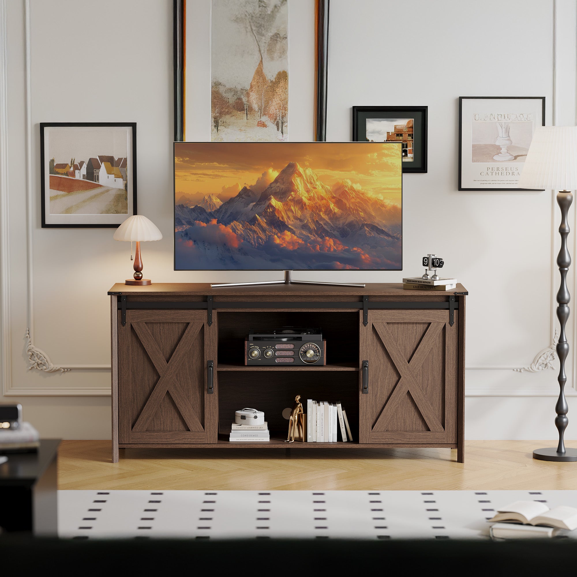 Claiks Farmhouse TV Stand for TV up to 70 inch, Modern Entertainment Center with Sliding Barn Doors and Storage Cabinets, Rustic Media TV Console Table with Adjustable Shelve for Living Room, Brown