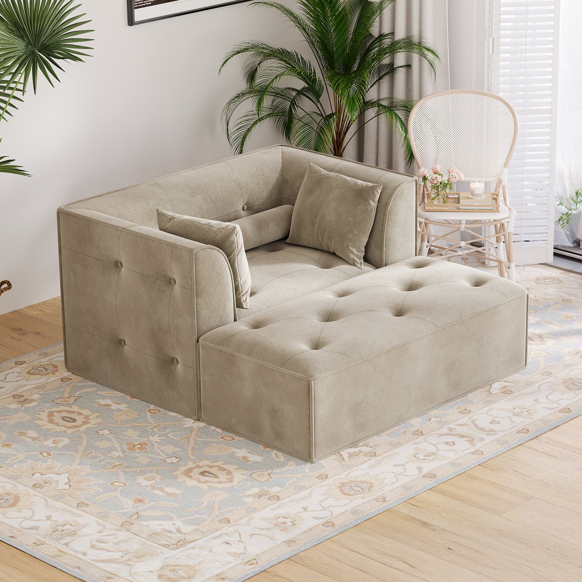 Claiks 68" Oversized Chaise Lounge Chair Indoor, Corduroy Upholstered Boneless Sofa Bed, Deep Seat Sleeper Couch with Pillows and Armrest, Cloud Sofas Reading Chair for Living Room, Beige