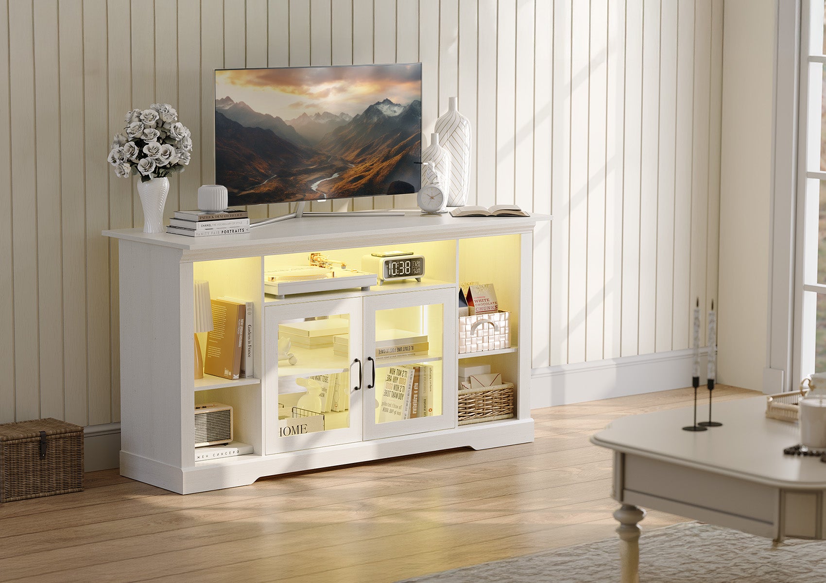 Blcak Modern TV Stand with LED Lights for 65 Inch TV, Vintage Tall TV Cabinets with Storage and Adjustable Shelves, Retor Entertainment Center with Glass Doors for Living Room and Bedroom