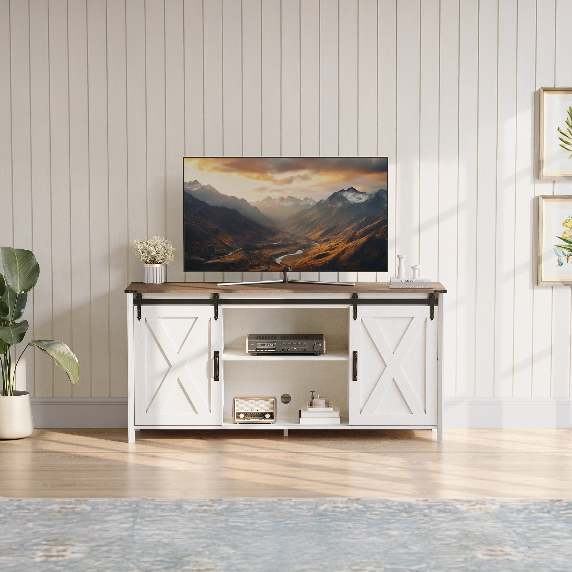 Claiks Farmhouse TV Stand for TV up to 70 inch, Modern Entertainment Center with Sliding Barn Doors and Storage Cabinets, Rustic Media TV Console Table with Adjustable Shelve for Living Room, Brown