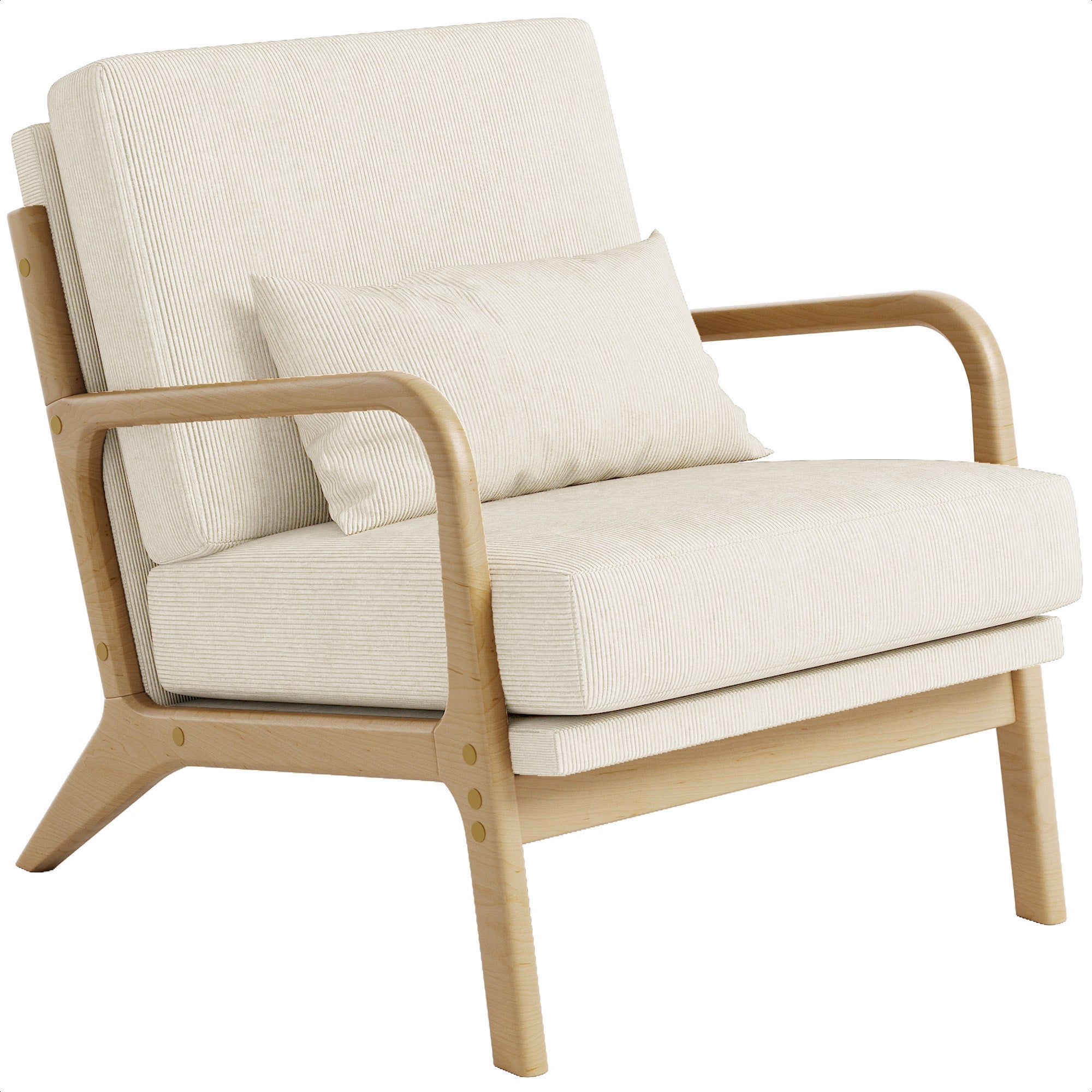 Claiks Mid-Century Modern Accent Chair, Living Room Armchair with Solid Wood Frame & Lumbar Pillow, Comfy Upholstered Lounge Chair for Bedroom, Office, Corduroy, Beige