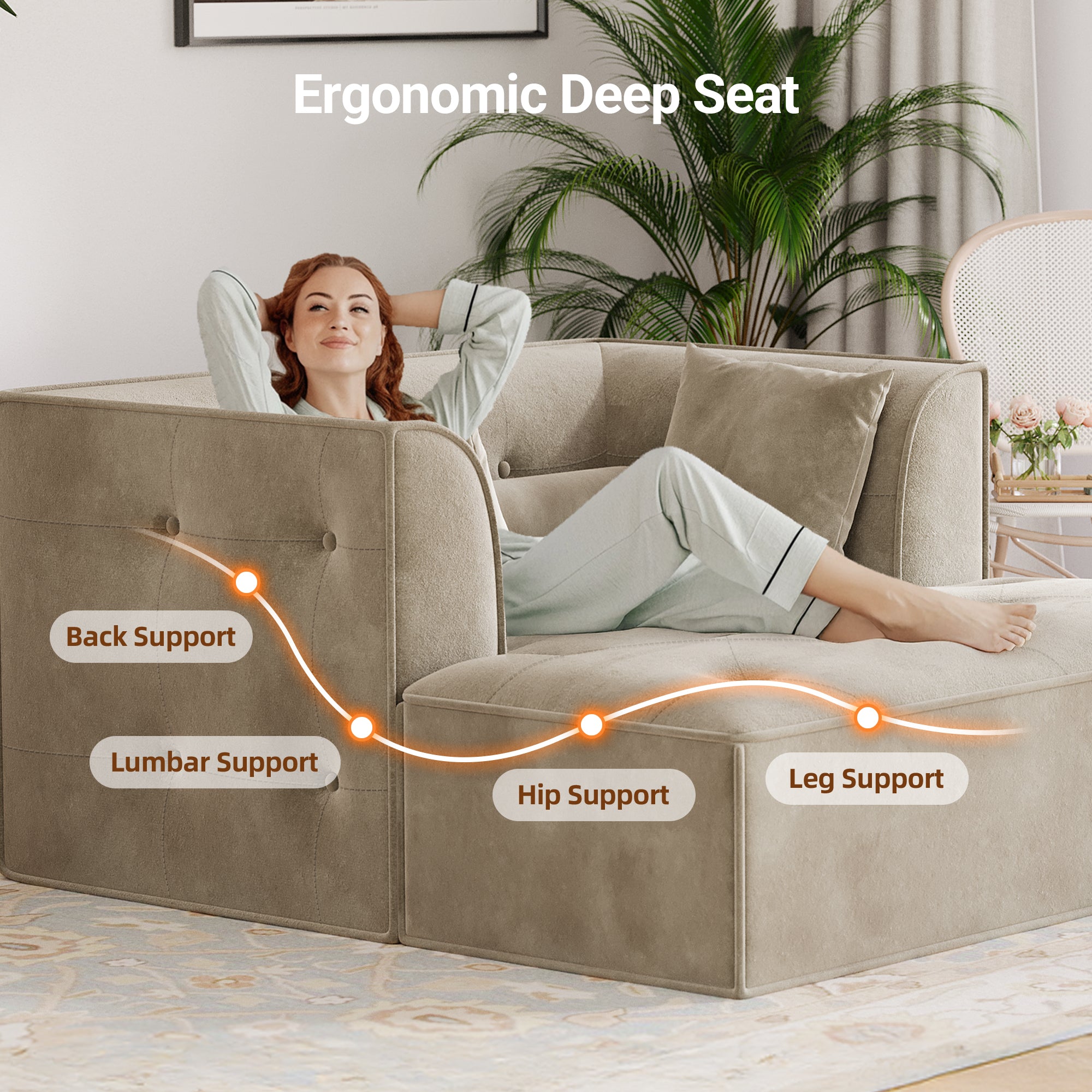 Claiks 68" Oversized Chaise Lounge Chair Indoor, Corduroy Upholstered Boneless Sofa Bed, Deep Seat Sleeper Couch with Pillows and Armrest, Cloud Sofas Reading Chair for Living Room, Beige