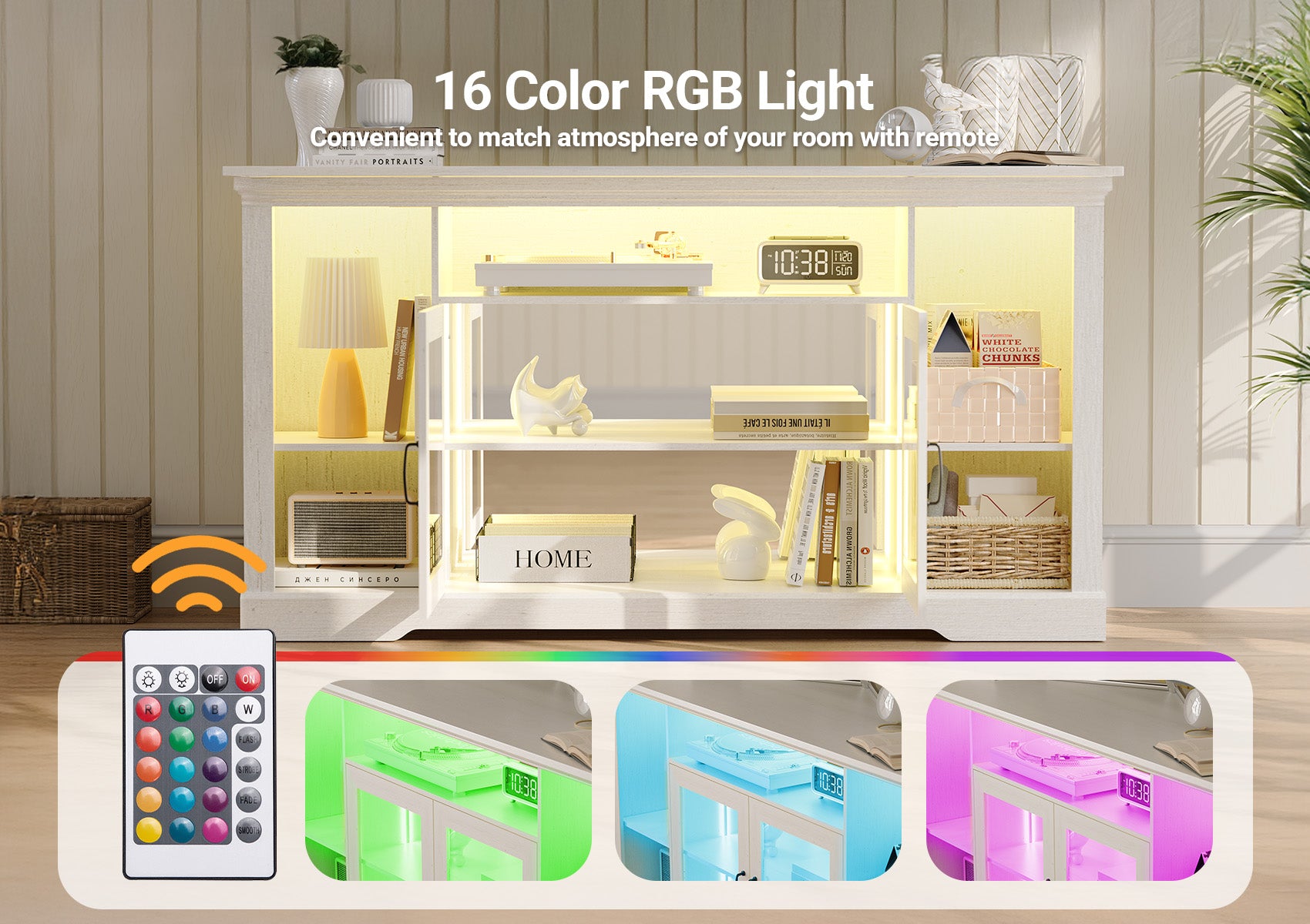 Blcak Modern TV Stand with LED Lights for 65 Inch TV, Vintage Tall TV Cabinets with Storage and Adjustable Shelves, Retor Entertainment Center with Glass Doors for Living Room and Bedroom
