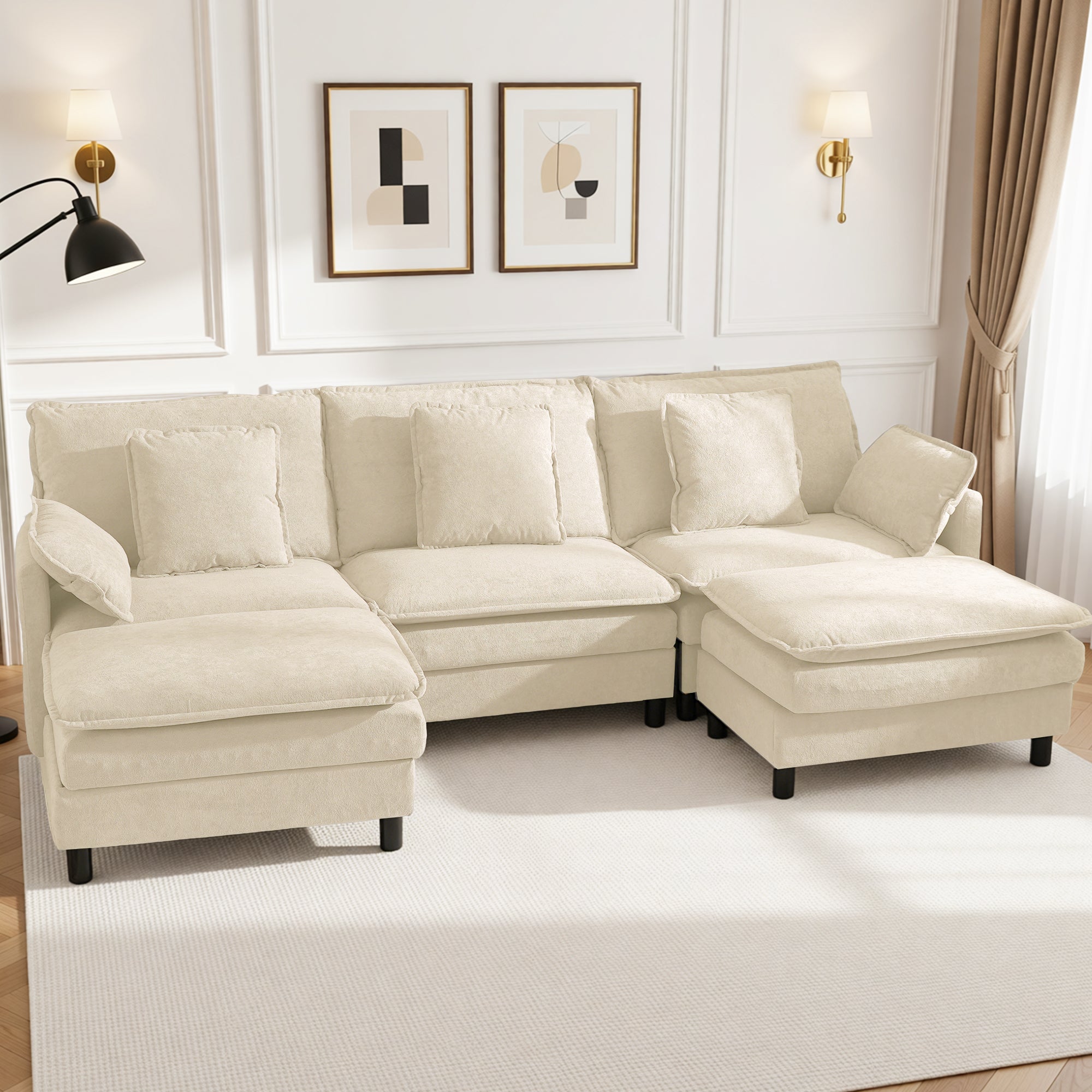 Claiks 110" Modular Sectional Sofa, Cloud Couch with Ottoman, L-Shaped 4-Seater Sofa in Chenille Fabric, Deep Seat Comfy Couch with Pillows for Living Room & Offices, Beige