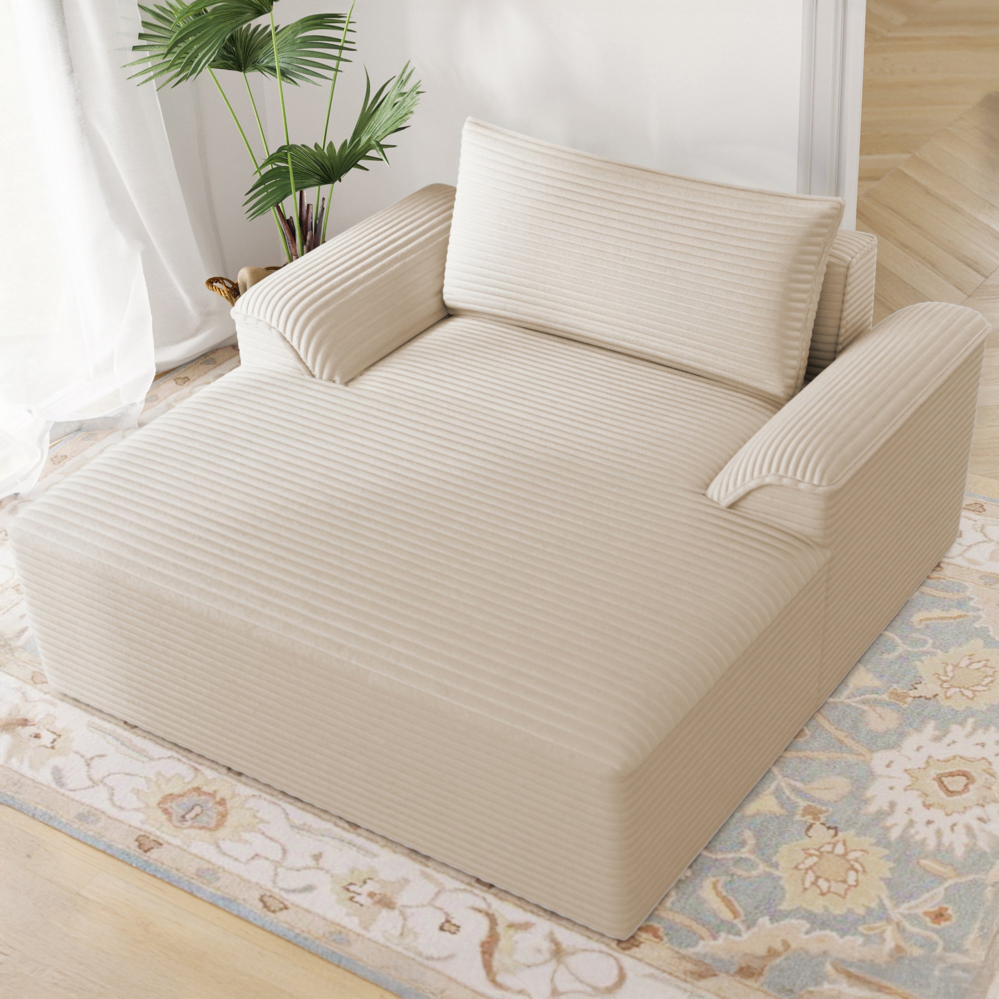 Claiks 68" Oversized Chaise Lounge Chair Indoor, Corduroy Upholstered Boneless Sofa Bed, Deep Seat Sleeper Couch with Pillows and Armrest, Cloud Sofas Reading Chair for Living Room, Beige