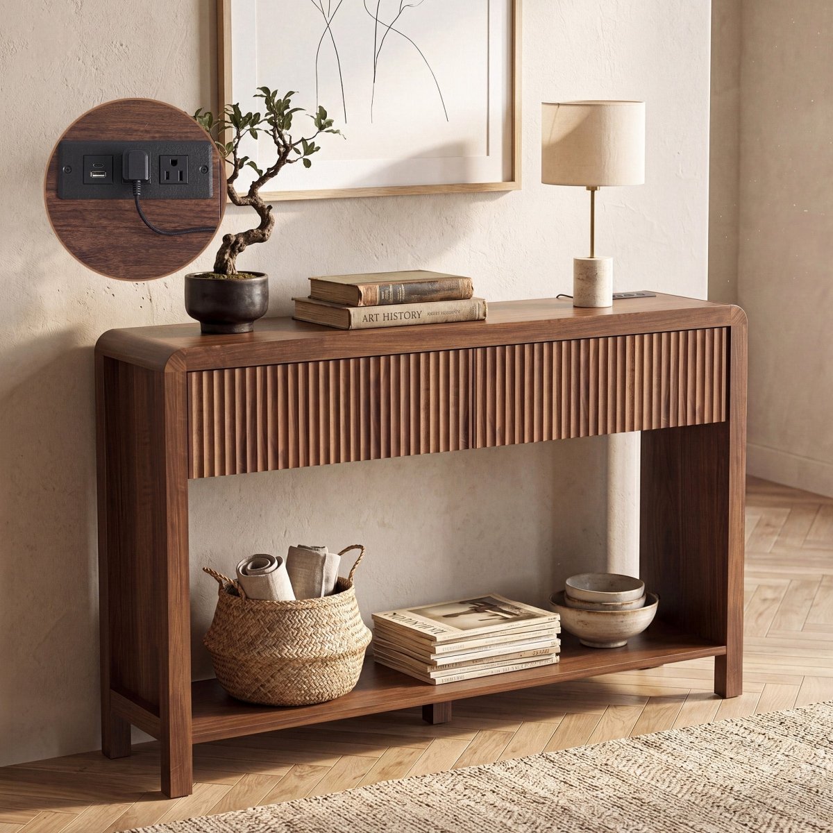 Claiks Avelia Fluted Wood Console Table with Built-in Charging Station