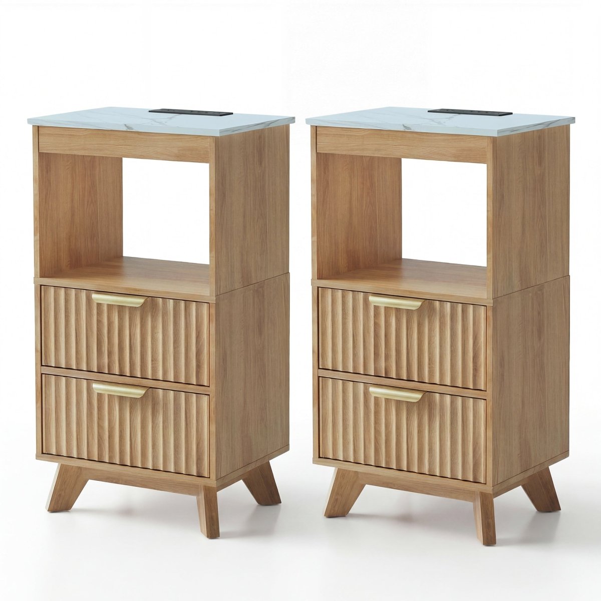 Claiks Avelia Fluted Wood Nightstand with Built-in Charging Station