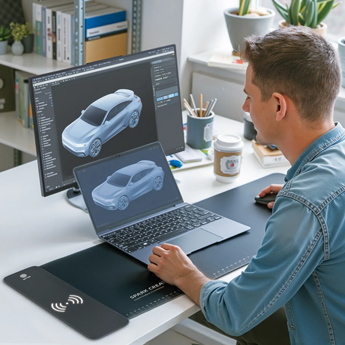 Person working at a desk with a laptop and monitor, designing a 3D model of a car.
