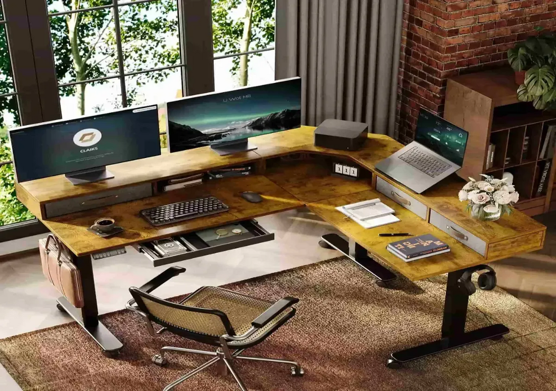 Electric Adjustable Desk with a rustic wooden top and black legs, positioned in a cozy home office.