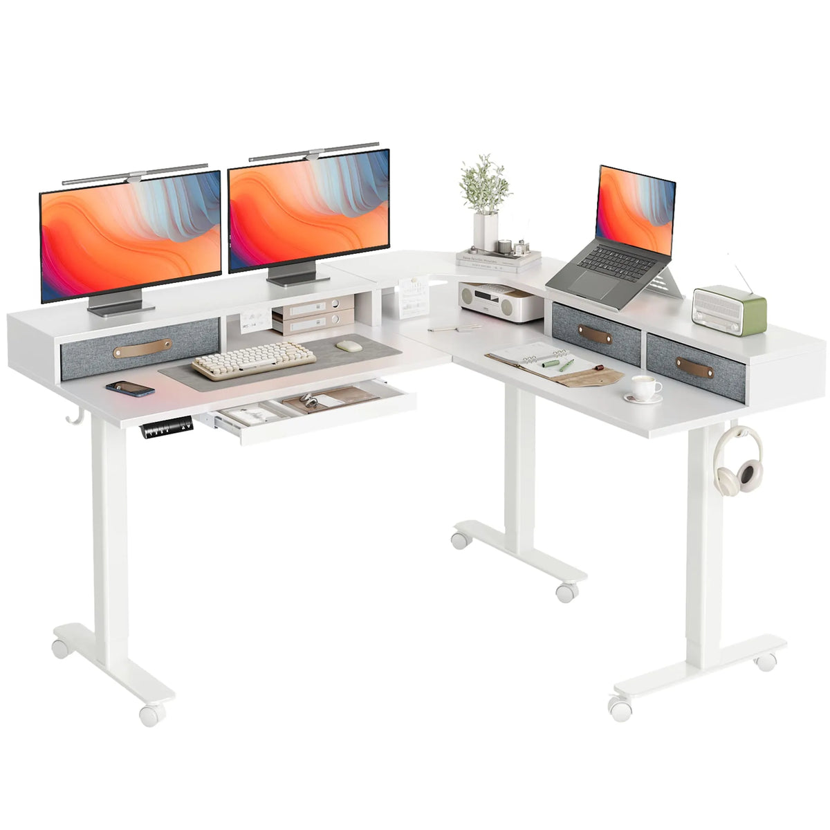 White L Shape Adjustable Height Splicing Plate Standing Desk with Drawers-E7-BM