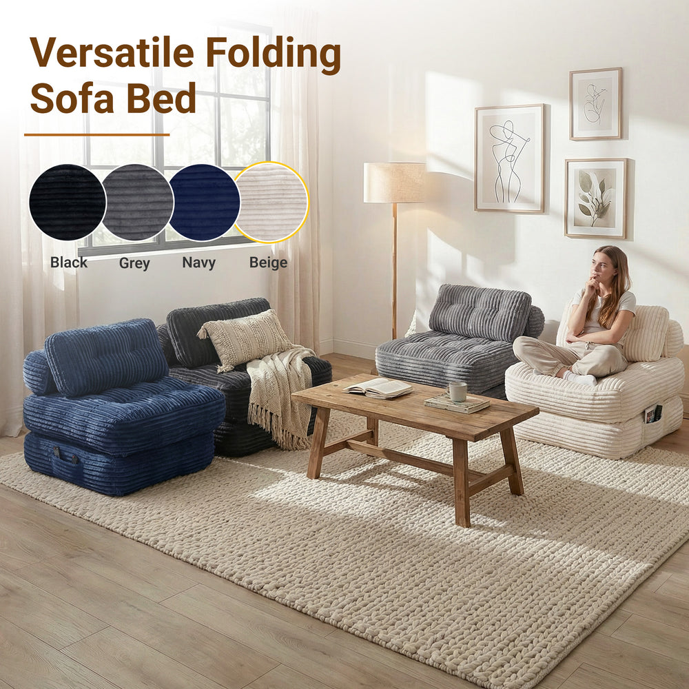 Claiks Chair Bed Single Sofa Bed with Pillow, Corduroy,  Soft corduroy fabric, ideal for guest rooms and small spaces, supportive shredded foam, folds into a comfy chair or bed