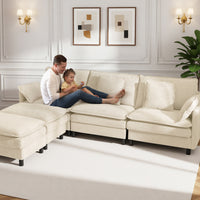 Claiks 110" Modular Sectional Sofa, Cloud Couch with Ottoman, L-Shaped 4-Seater Sofa in Chenille Fabric, Deep Seat Comfy Couch with Pillows for Living Room & Offices, Beige