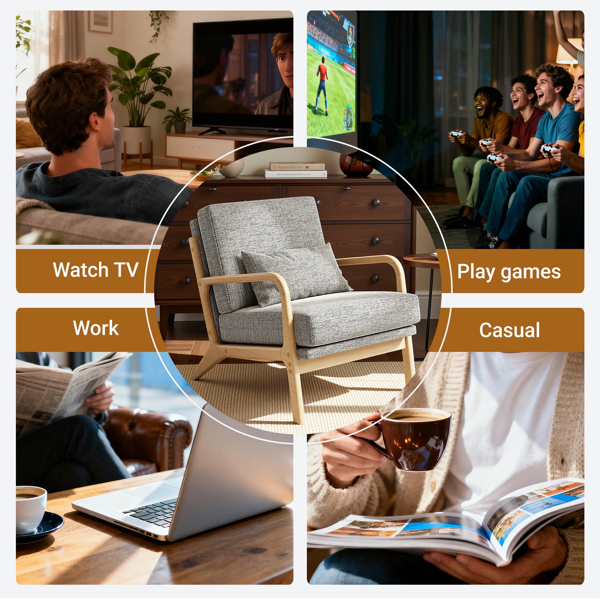 Claiks Mid-Century Modern Accent Chair, Living Room Armchair with Solid Wood Frame & Lumbar Pillow, Comfy Upholstered Lounge Chair for Bedroom, Office, Corduroy, Beige