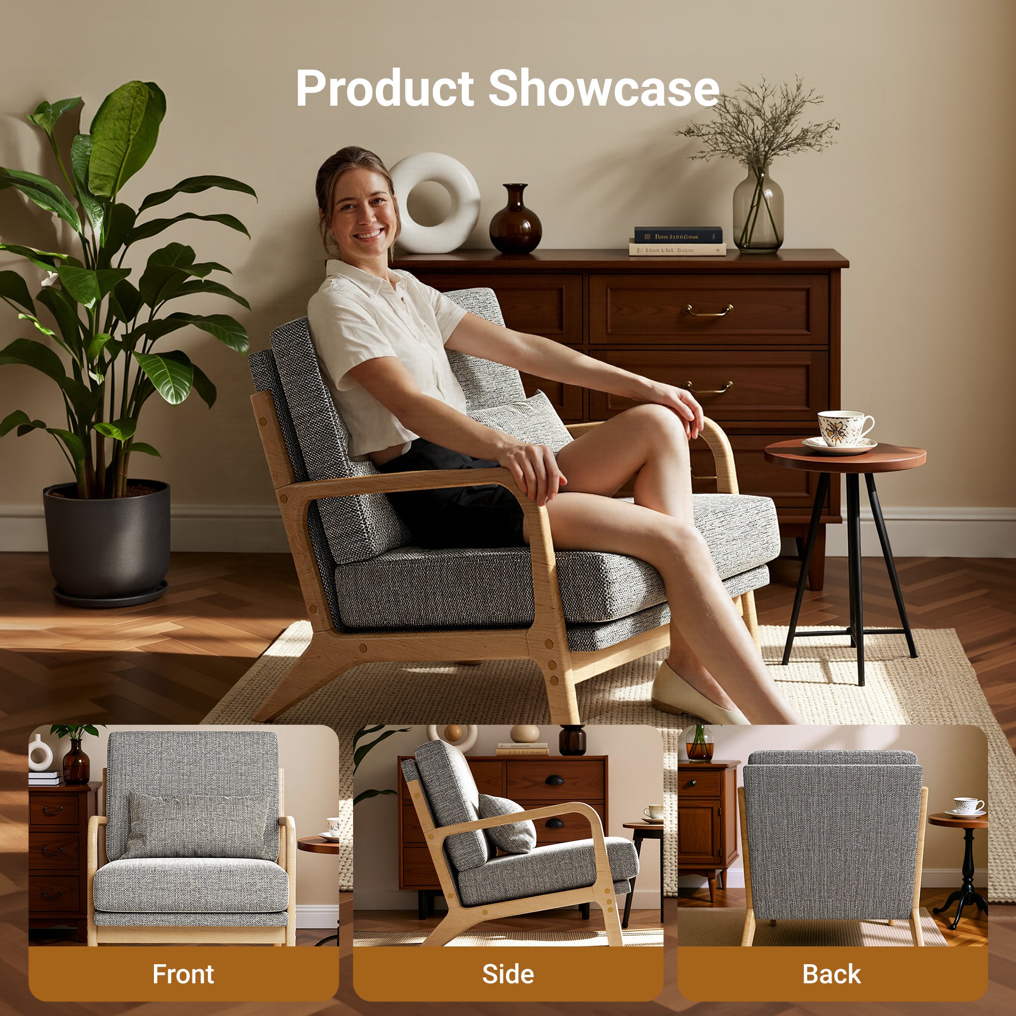 Claiks Mid-Century Modern Accent Chair, Living Room Armchair with Solid Wood Frame & Lumbar Pillow, Comfy Upholstered Lounge Chair for Bedroom, Office, Corduroy, Beige