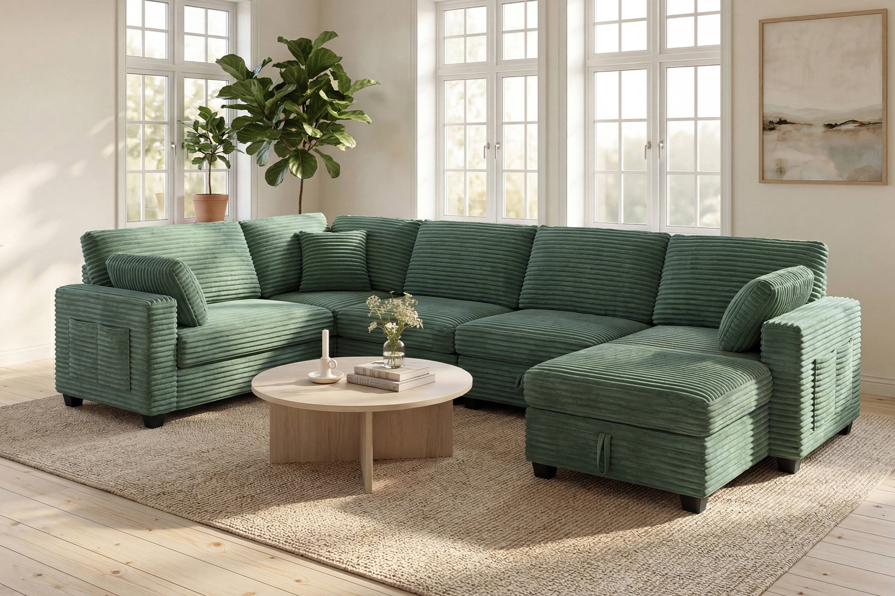 Claiks 118" Sectional Sleeper Sofa with Pull Out Bed U Shaped 7 Seat Sectional Couches for Living Room with Hidden Storage Skin Friendly Breathable Corduroy Fabric Sofa Bed for Apartment Office, Green