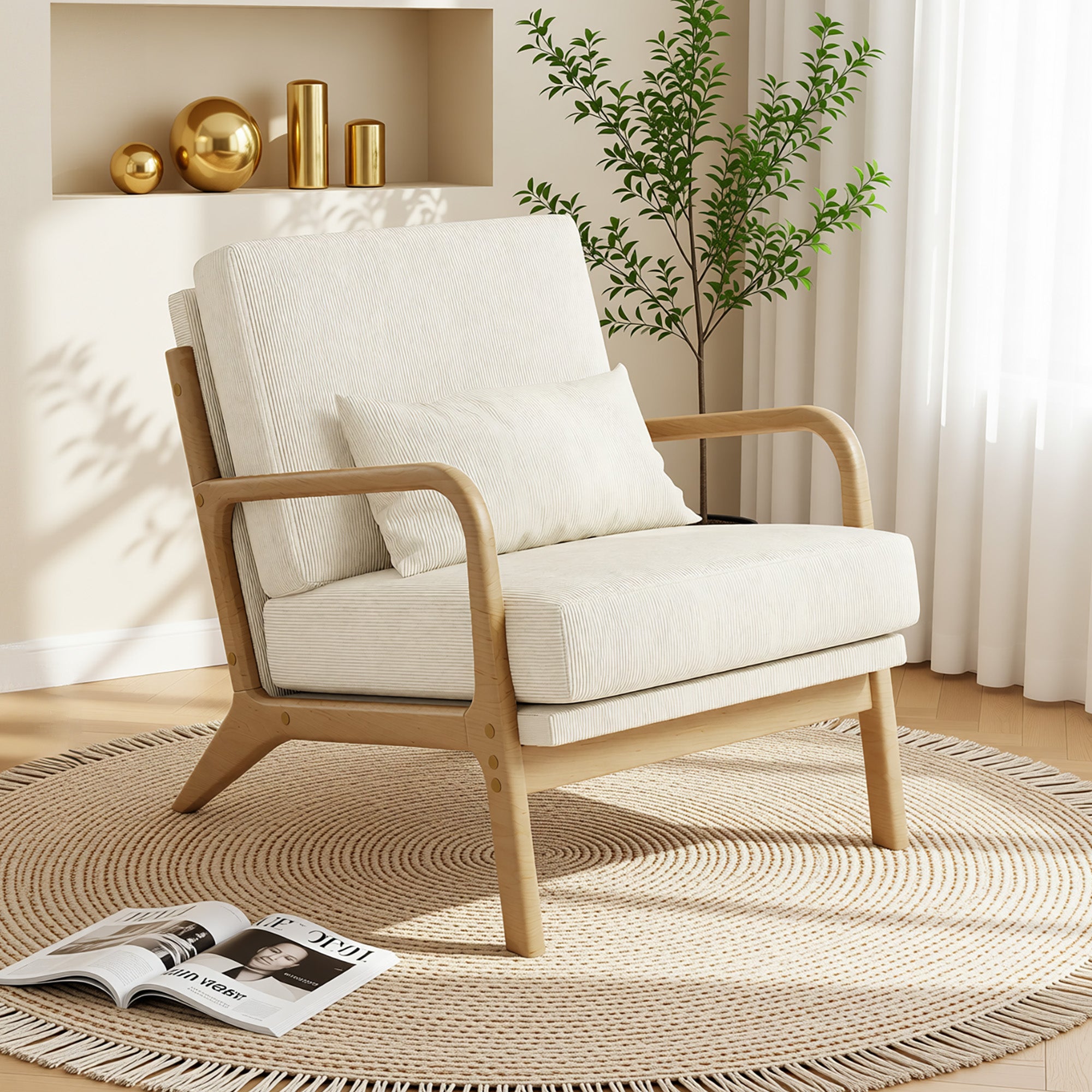 Claiks Mid-Century Modern Accent Chair, Living Room Armchair with Solid Wood Frame & Lumbar Pillow, Comfy Upholstered Lounge Chair for Bedroom, Office, Corduroy, Beige