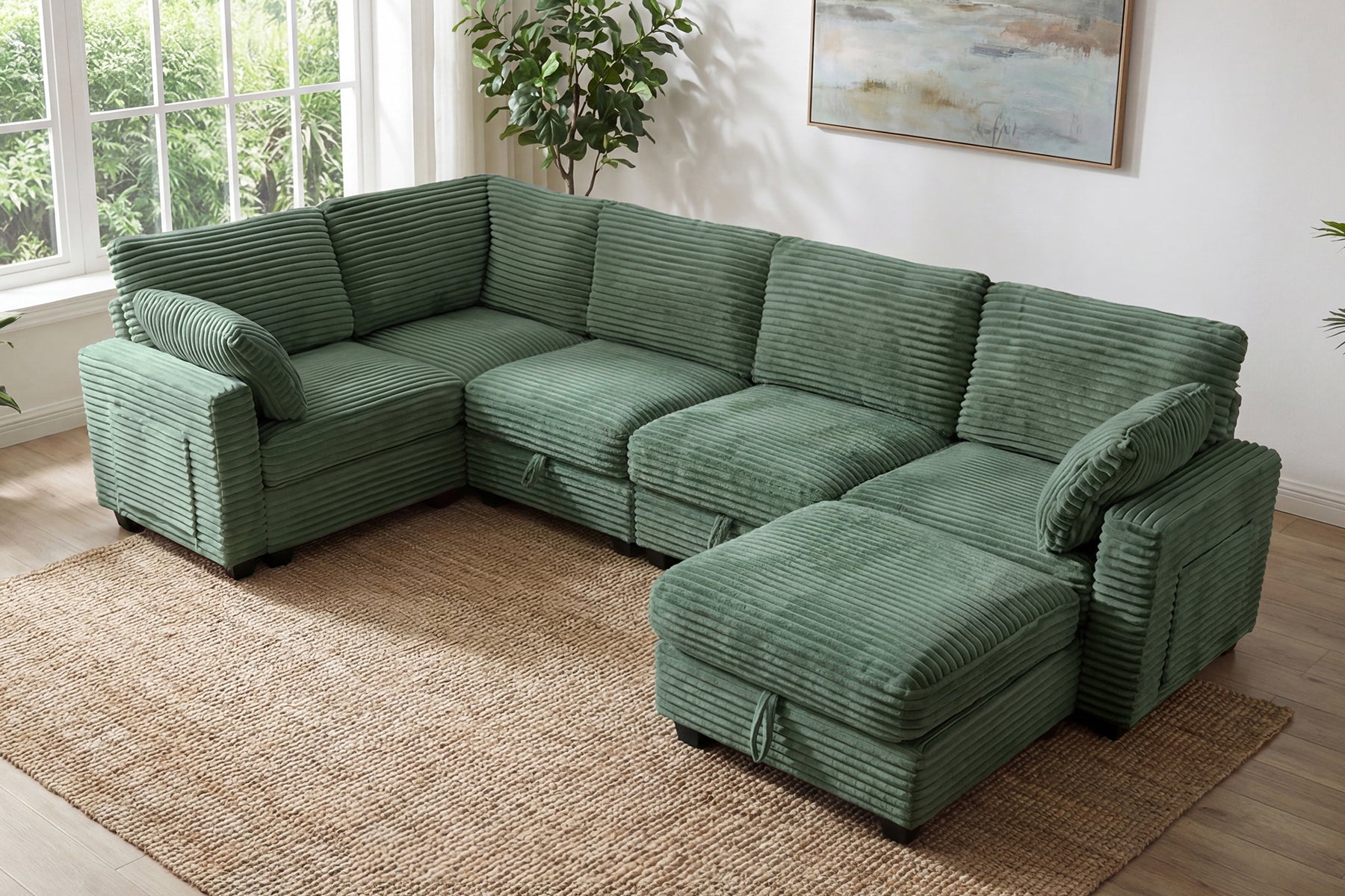 Claiks 118" Sectional Sleeper Sofa with Pull Out Bed U Shaped 7 Seat Sectional Couches for Living Room with Hidden Storage Skin Friendly Breathable Corduroy Fabric Sofa Bed for Apartment Office, Green