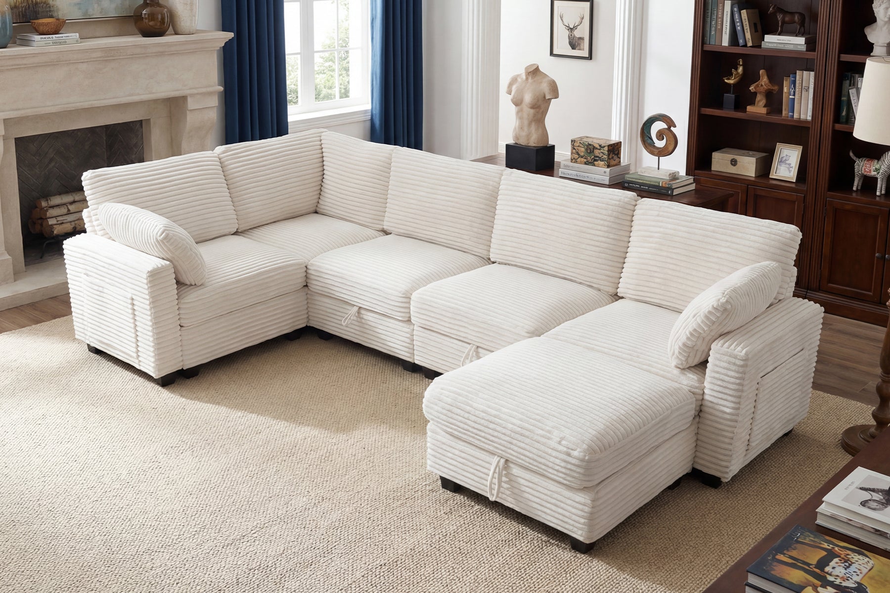 Claiks 118" Sectional Sleeper Sofa with Pull Out Bed U Shaped 7 Seat Sectional Couches for Living Room with Hidden Storage Skin Friendly Breathable Corduroy Fabric Sofa Bed for Apartment Office, Green