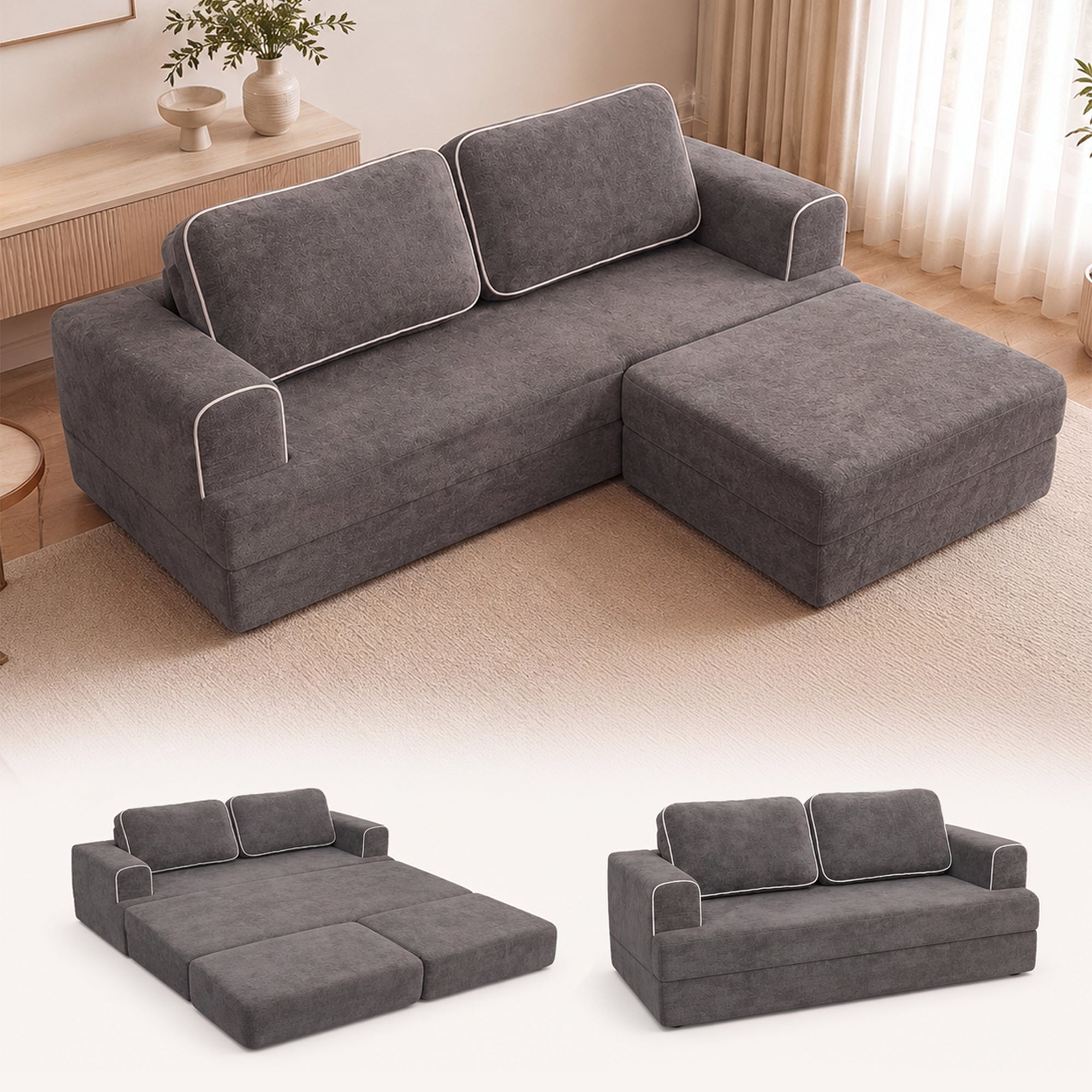 Claiks Futon Sofa Bed, Boneless L-Shaped Floor Couch with Ottoman, Darkgrey | Sleeper Sofa Bed with Movable Ottoman and 2 Pillows, Sectional Love Seat Couches for Living Room, No Assembly