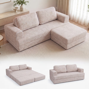 Claiks Folding Sofa Bed 180cm, 2 Seater Modular L-Shaped Chenille Sofa | 3-in-1 Convertible Design, Movable Ottoman, L-Shaped Modular Layout, Deep Seat, Small Space Solution