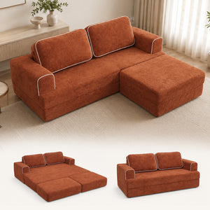 Claiks Folding Sofa Bed 180cm, 2 Seater Modular L-Shaped Chenille Sofa | 3-in-1 Convertible Design, Movable Ottoman, L-Shaped Modular Layout, Deep Seat, Small Space Solution