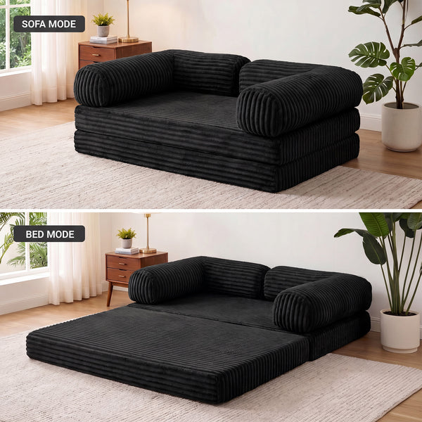 Claiks 3-in-1 Folding Double Sofa Bed 150cm Corduroy Foam | 25D high-density foam, removable washable cover, wide armrests, no assembly, ideal for small spaces and guests
