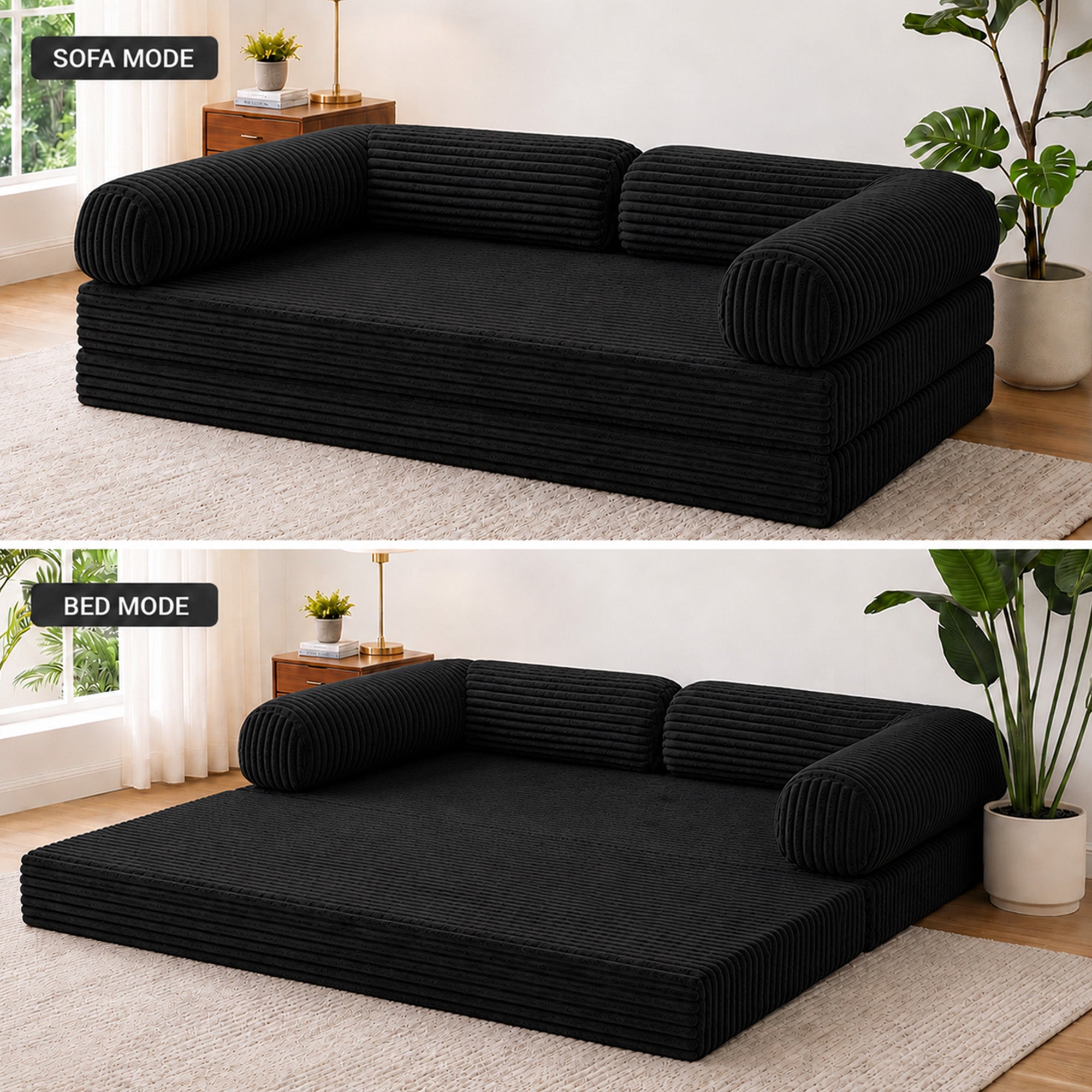 Claiks 75" Convertible Sofa Bed, Corduroy Futon Couch Pull Out Bed, No Assembly Boneless Couches for Living Room Bedroom Apartment, Black