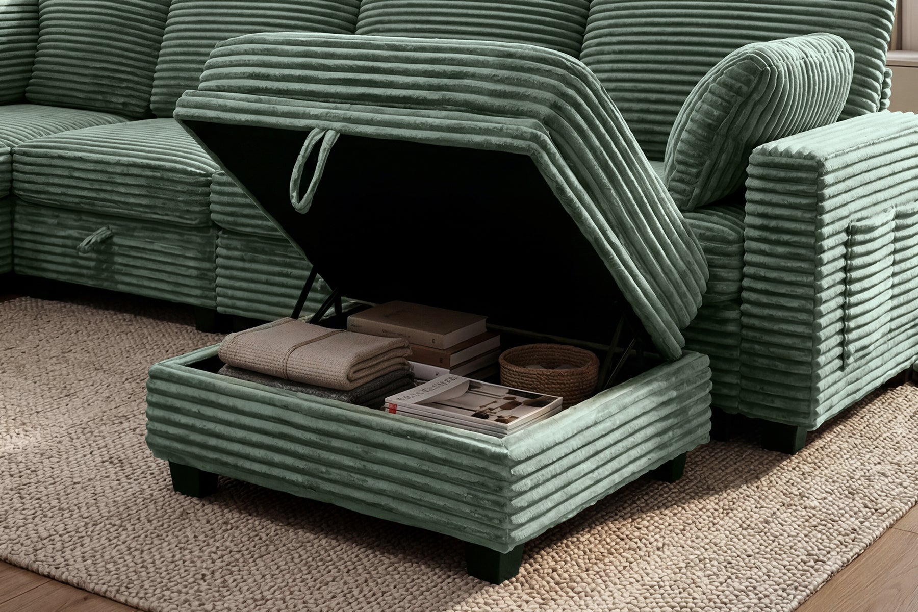 Claiks 118" Sectional Sleeper Sofa with Pull Out Bed U Shaped 7 Seat Sectional Couches for Living Room with Hidden Storage Skin Friendly Breathable Corduroy Fabric Sofa Bed for Apartment Office, Green