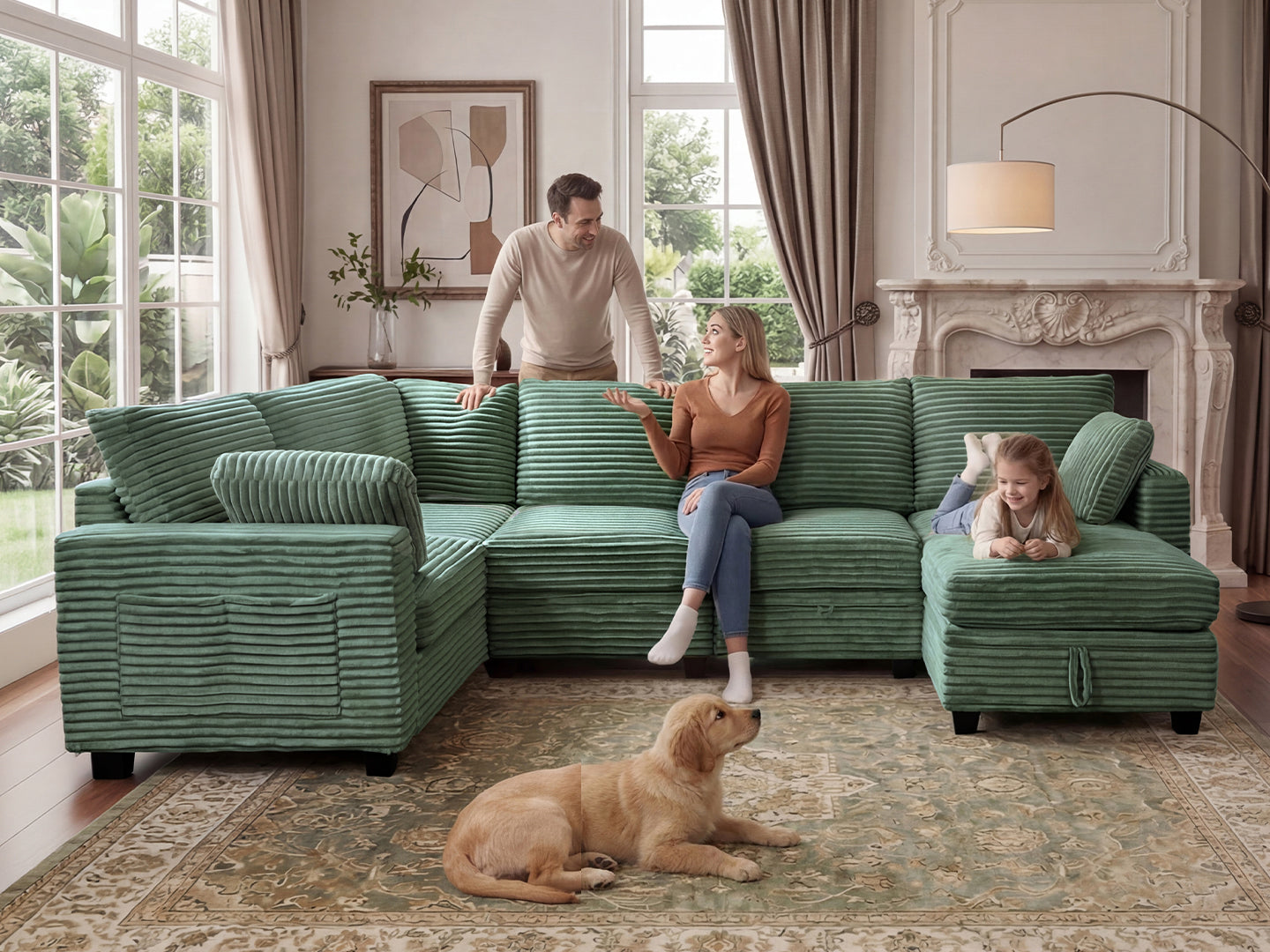 Claiks 118" Sectional Sleeper Sofa with Pull Out Bed U Shaped 7 Seat Sectional Couches for Living Room with Hidden Storage Skin Friendly Breathable Corduroy Fabric Sofa Bed for Apartment Office, Green