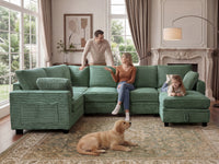 Claiks 118" Sectional Sleeper Sofa with Pull Out Bed U Shaped 7 Seat Sectional Couches for Living Room with Hidden Storage Skin Friendly Breathable Corduroy Fabric Sofa Bed for Apartment Office, Green