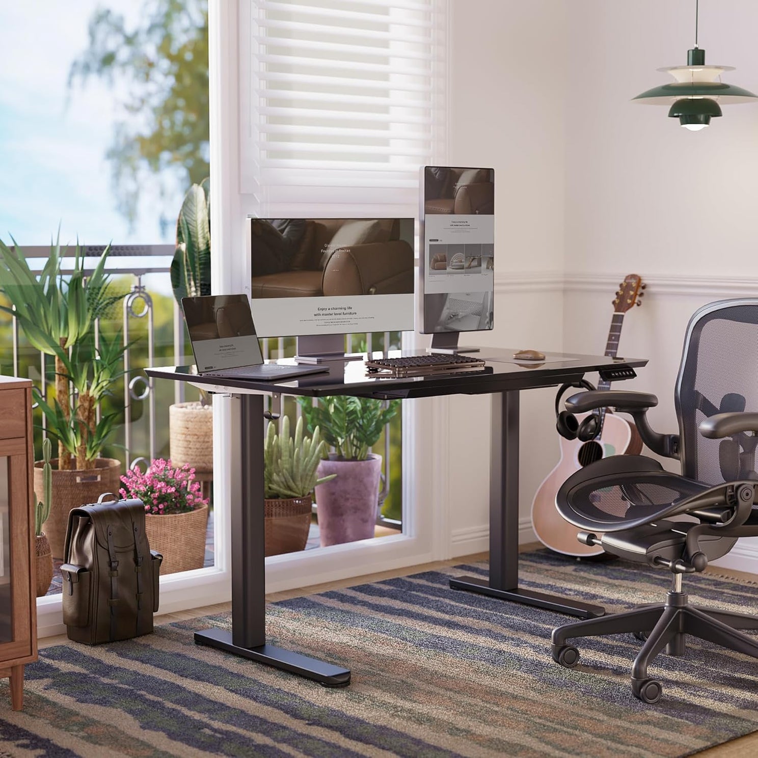 Glass Standing Desk with Drawers, 48×24 Inch Electric Adjustable Height Stand Up Desk Quick Install Computer Desk, Black